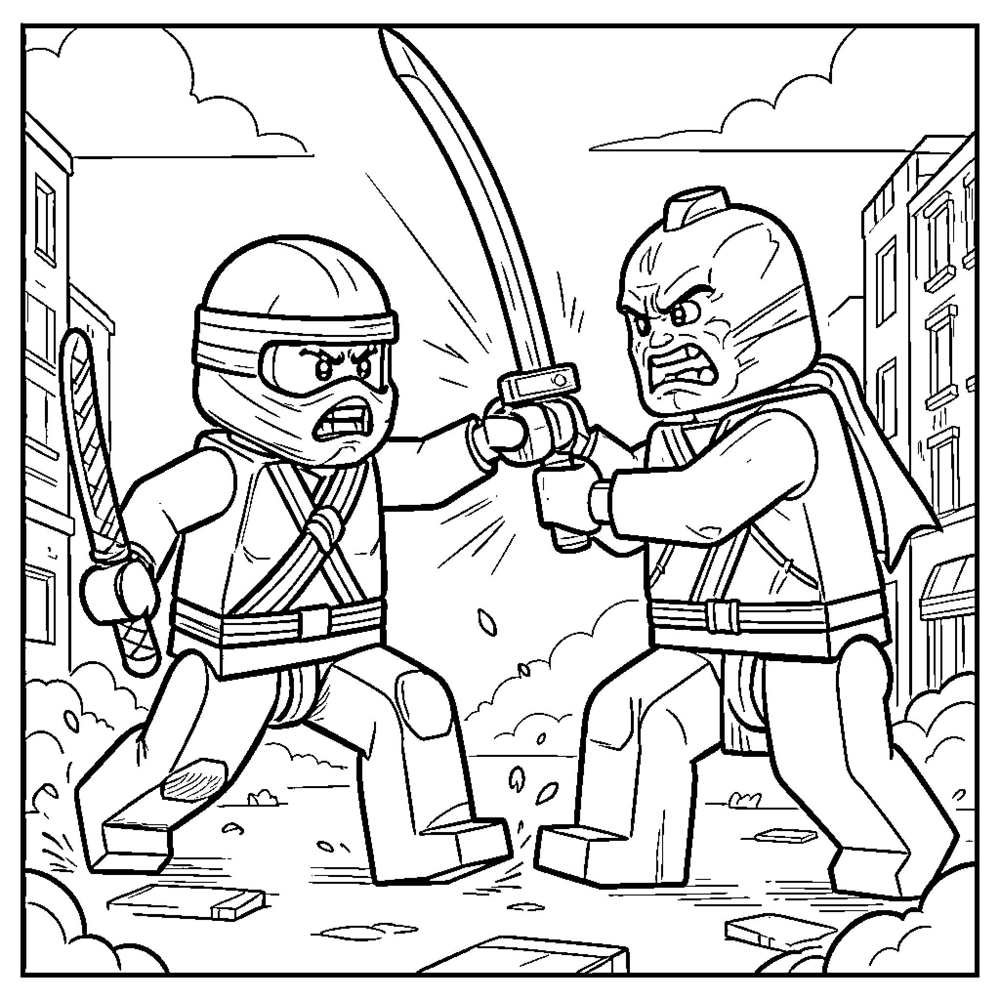 Lego Ninja Warriors in Battle Coloring Page (free black-and-white line drawing printable PDF for all, from beginners to advanced learners, including children, teens, adults, and seniors)