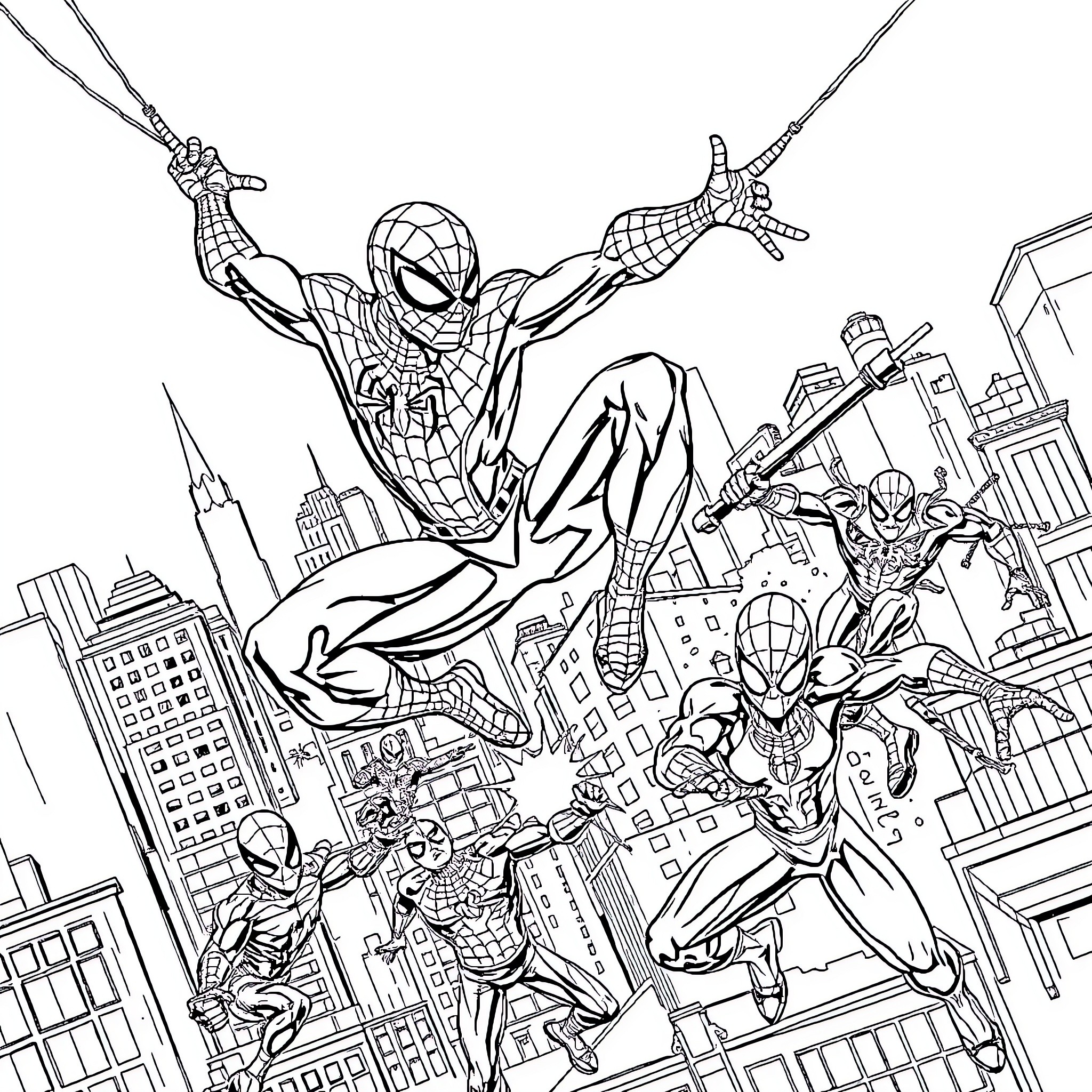 Spider-Man swinging through the city with allies Coloring Page (free black-and-white line drawing printable PDF for all, from beginners to advanced learners, including children, teens, adults, and seniors)