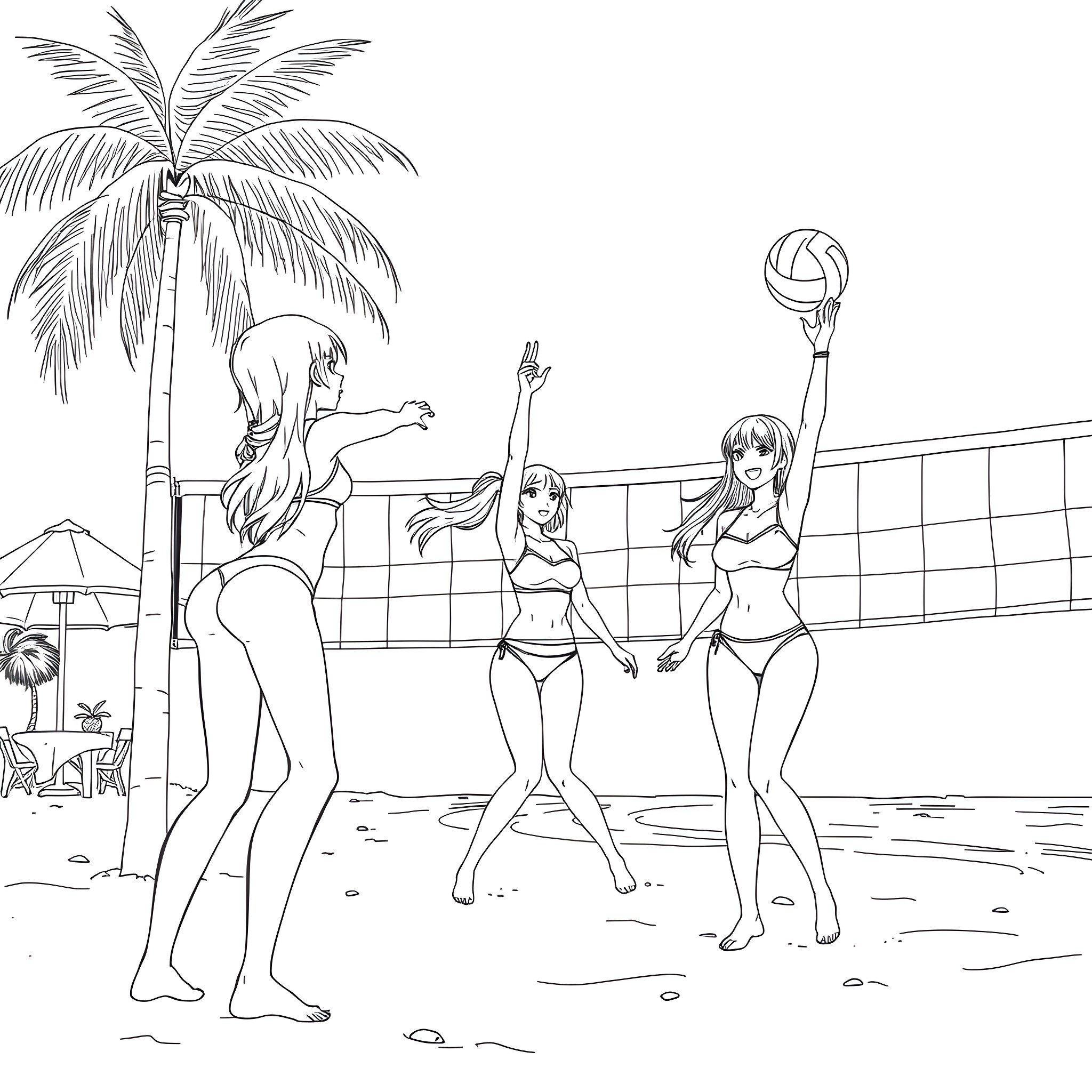 Anime Girls Playing Beach Volleyball Coloring Page (free black-and-white line drawing printable PDF for all, from beginners to advanced learners, including children, teens, adults, and seniors)
