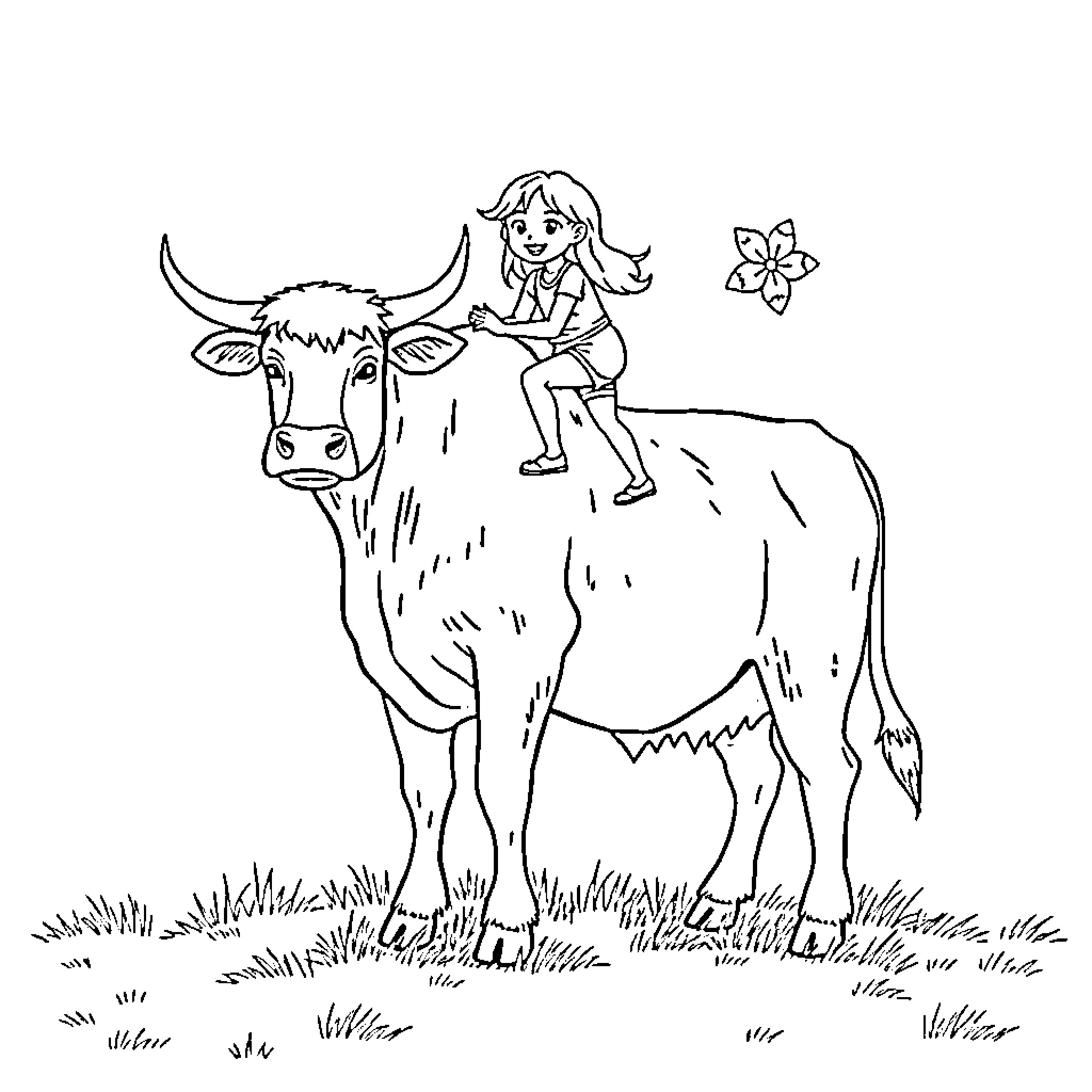 Highland Cow with a cheerful girl riding Coloring Page (free black-and-white line drawing printable PDF for all, from beginners to advanced learners, including children, teens, adults, and seniors)