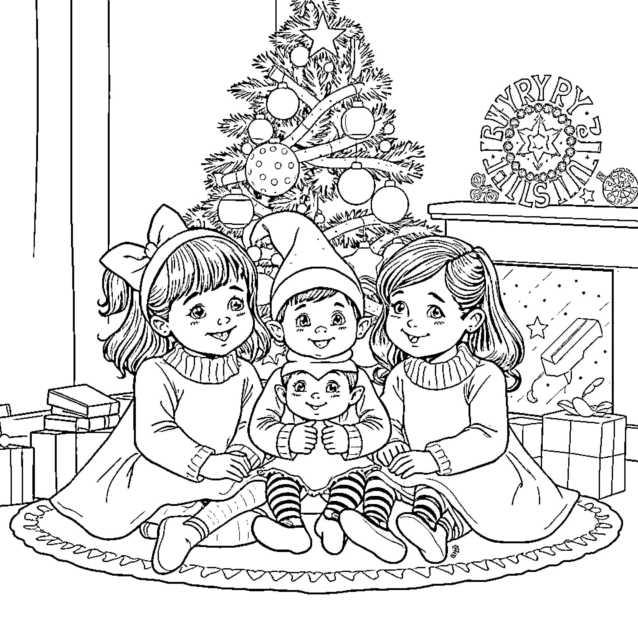 Girls Sitting Together by Christmas Tree Coloring Page (free black-and-white line drawing printable PDF for all, from beginners to advanced learners, including children, teens, adults, and seniors)