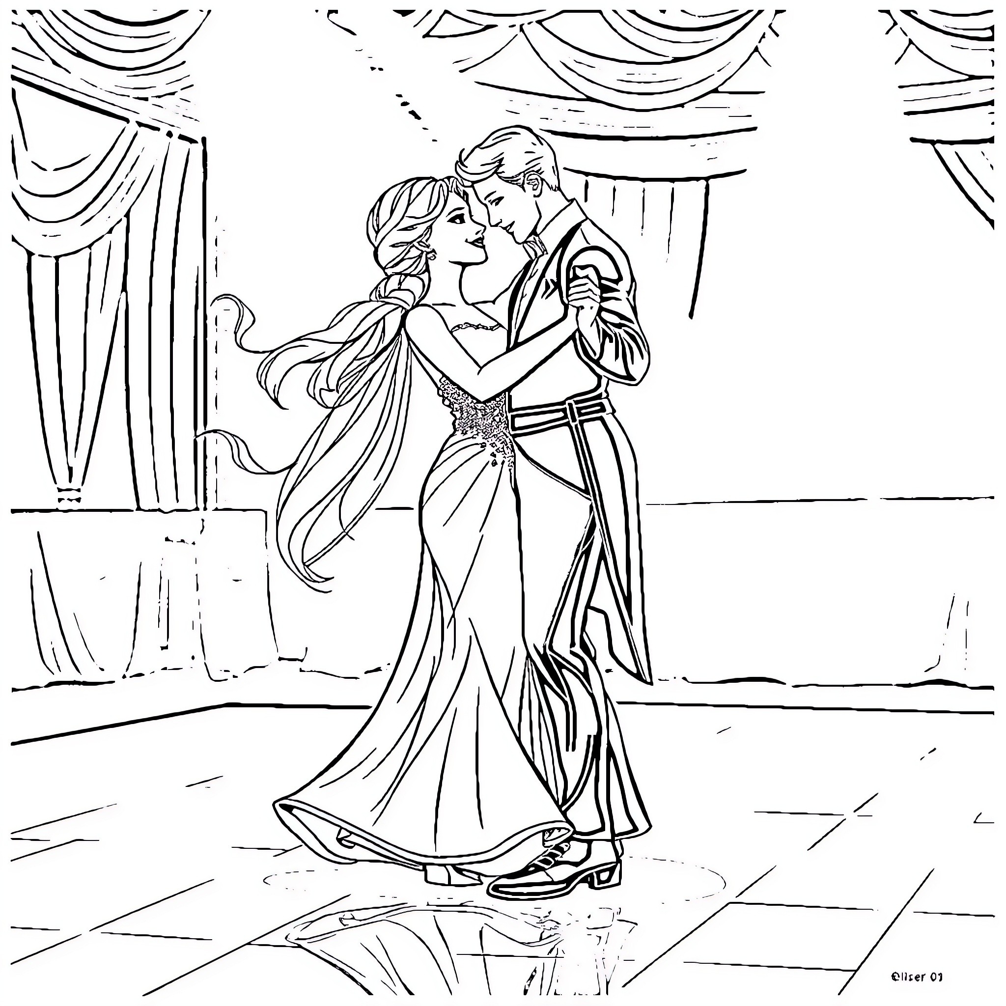 Elsa's romantic dance with prince charming Coloring Page (free black-and-white line drawing printable PDF for all, from beginners to advanced learners, including children, teens, adults, and seniors)