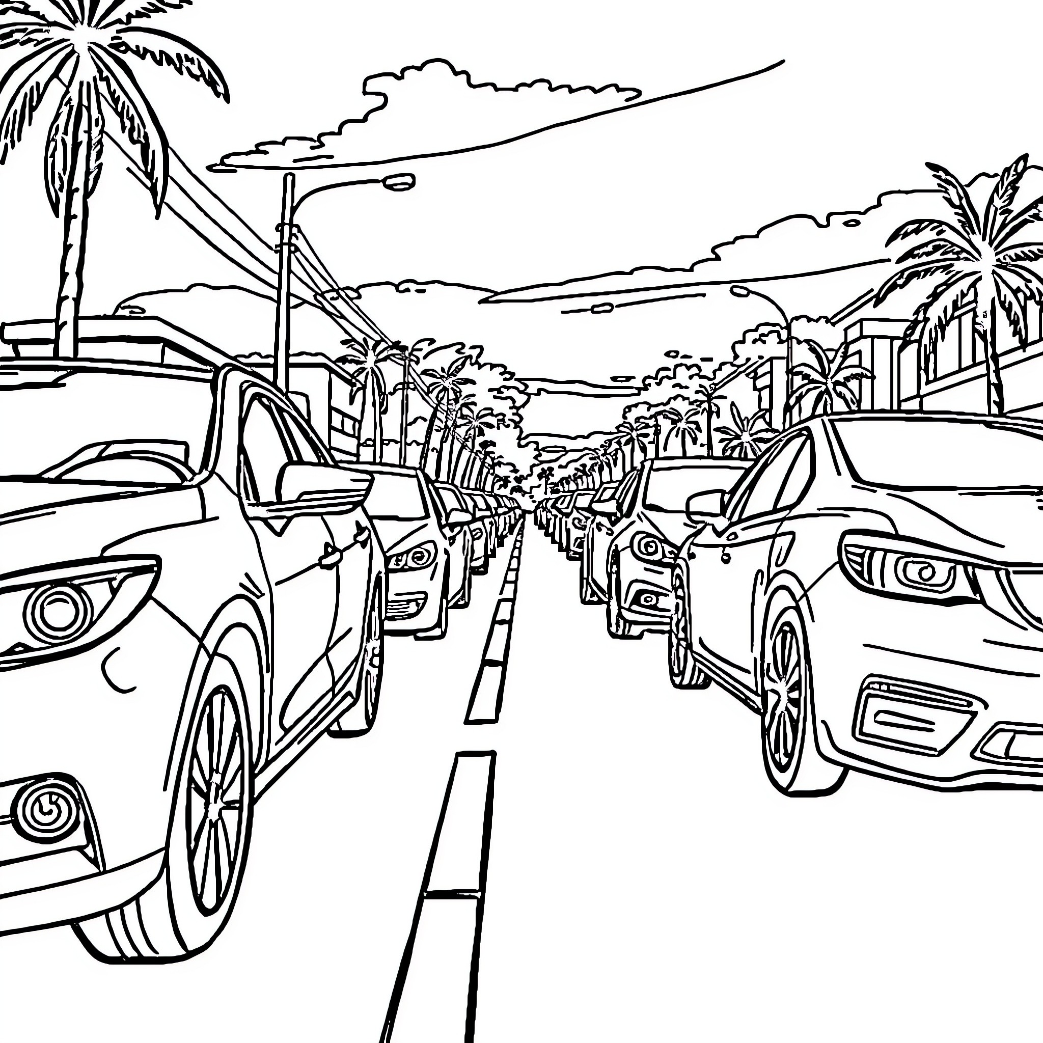 Cars on a scenic tropical road Coloring Page (free black-and-white line drawing printable PDF for all, from beginners to advanced learners, including children, teens, adults, and seniors)