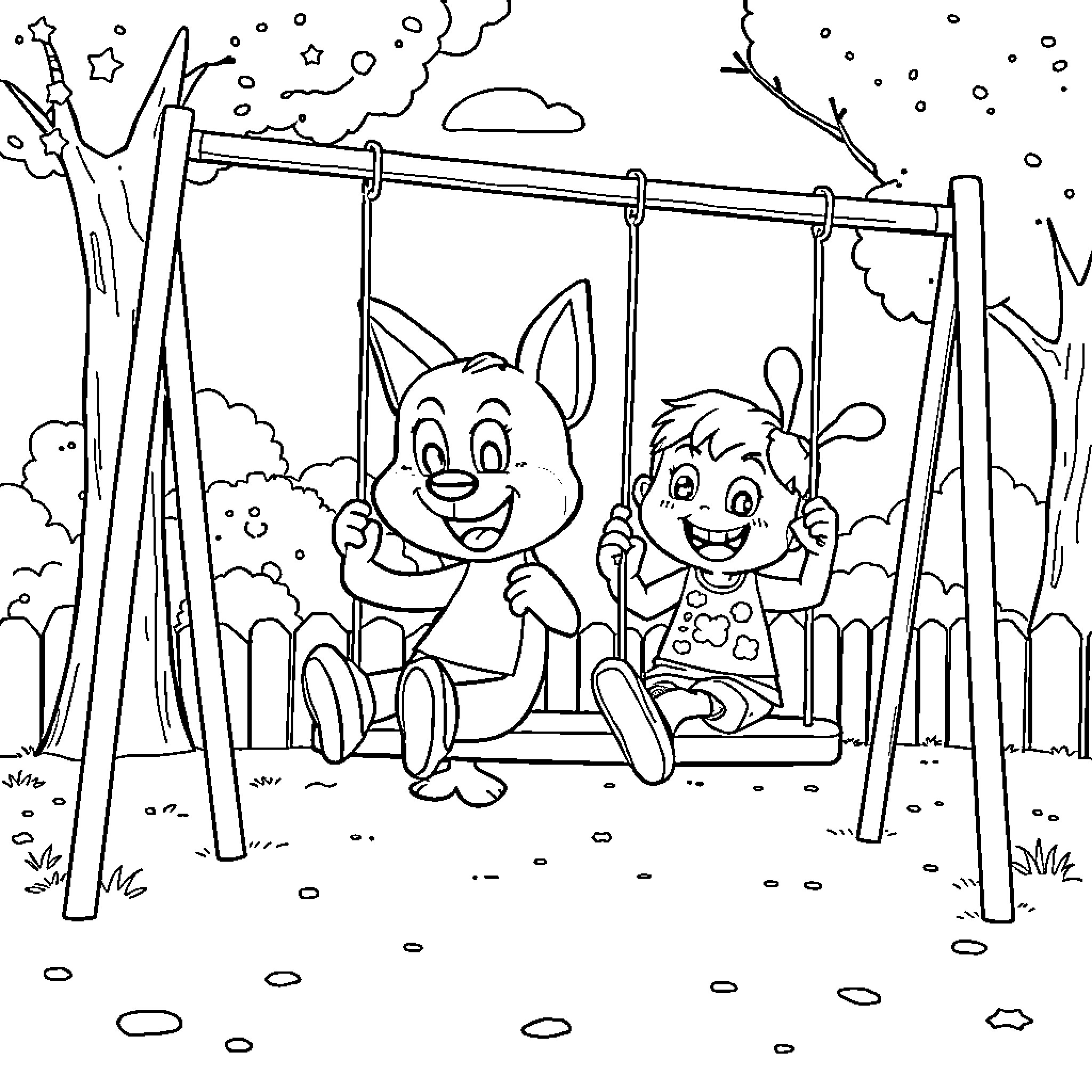 Bluey and Bingo playing on the swing set Coloring Page (free black-and-white line drawing printable PDF for all, from beginners to advanced learners, including children, teens, adults, and seniors)