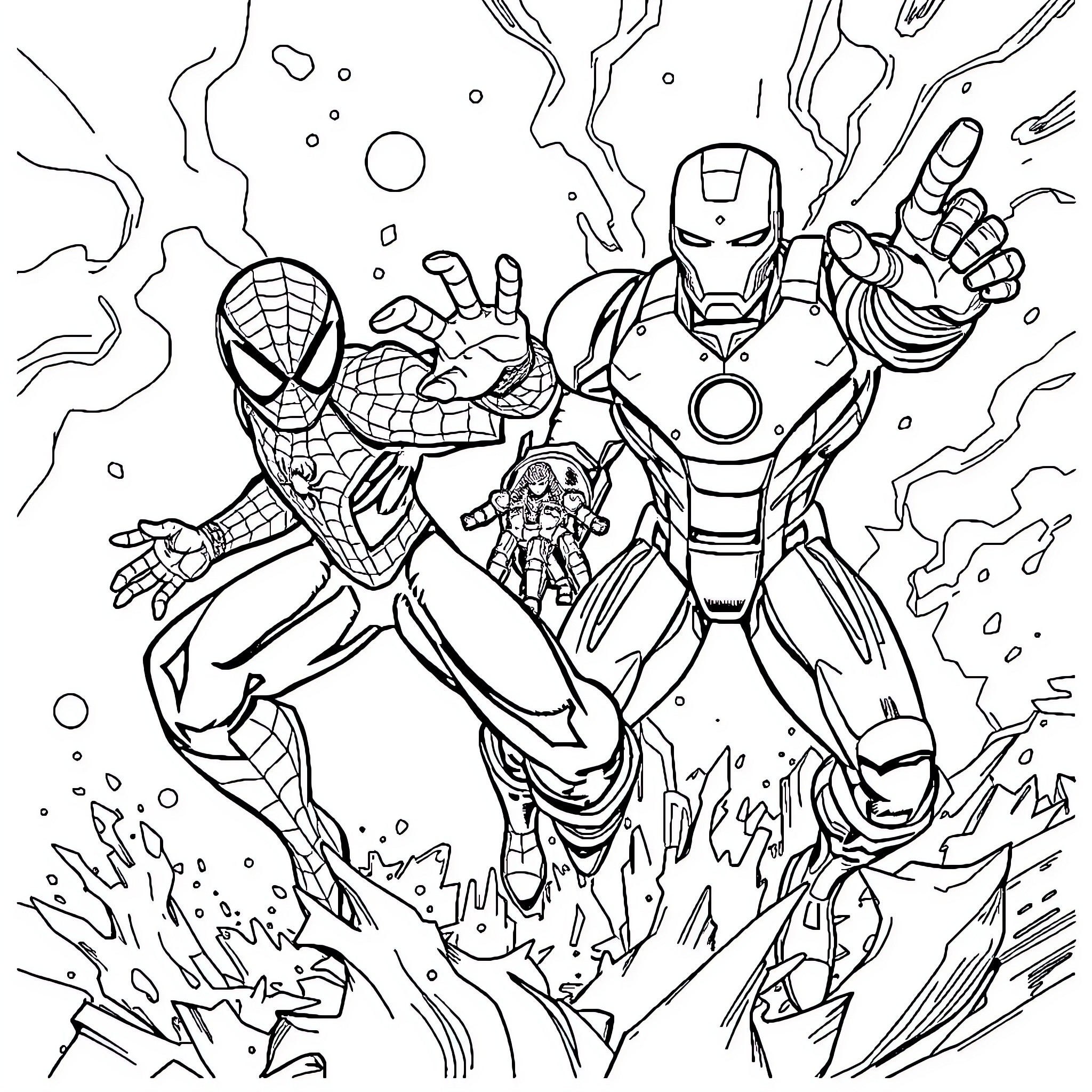 Marvel Heroes in Action-Packed Battle Coloring Page (free black-and-white line drawing printable PDF for all, from beginners to advanced learners, including children, teens, adults, and seniors)