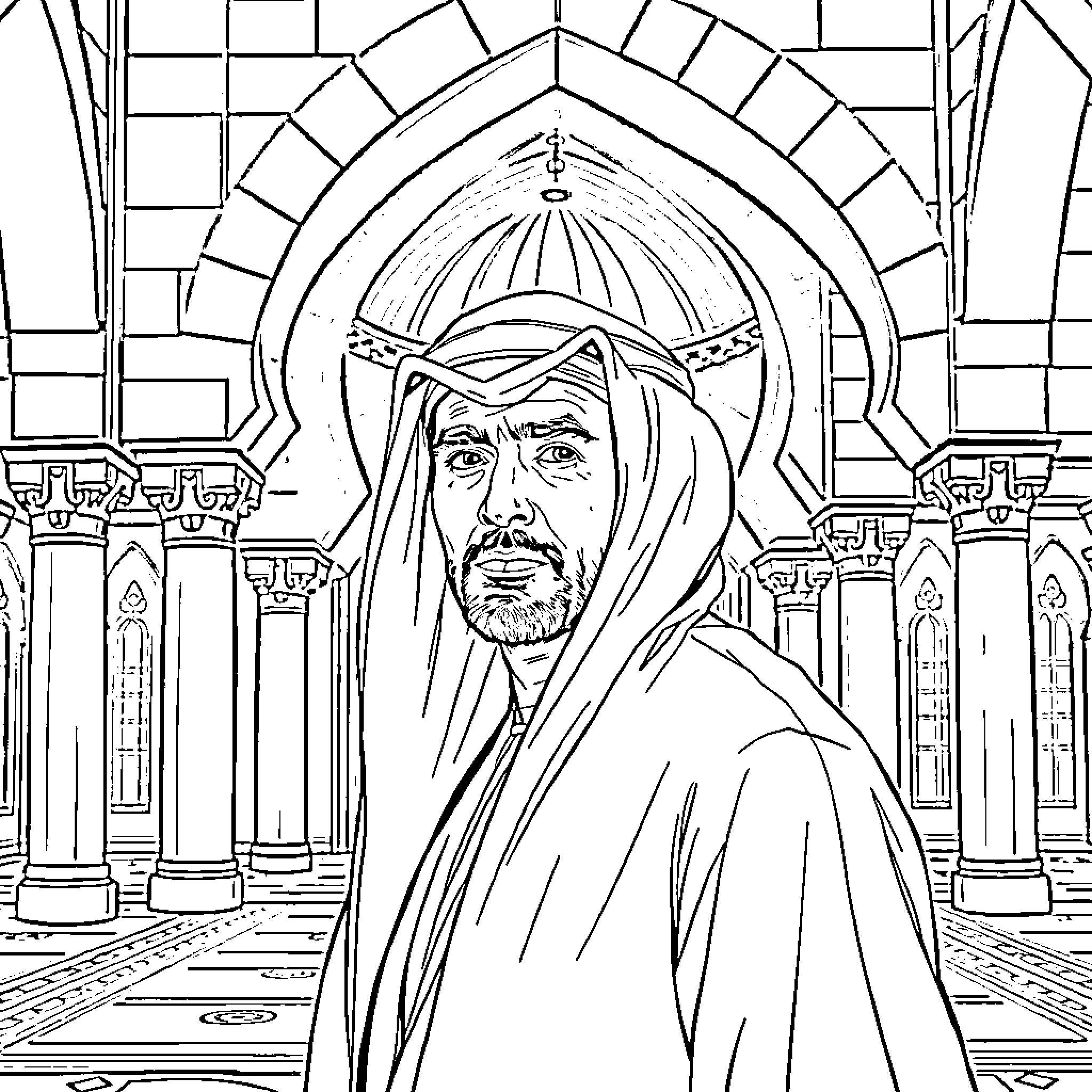 Homelander in Ornate Religious Setting Coloring Page (free black-and-white line drawing printable PDF for all, from beginners to advanced learners, including children, teens, adults, and seniors)