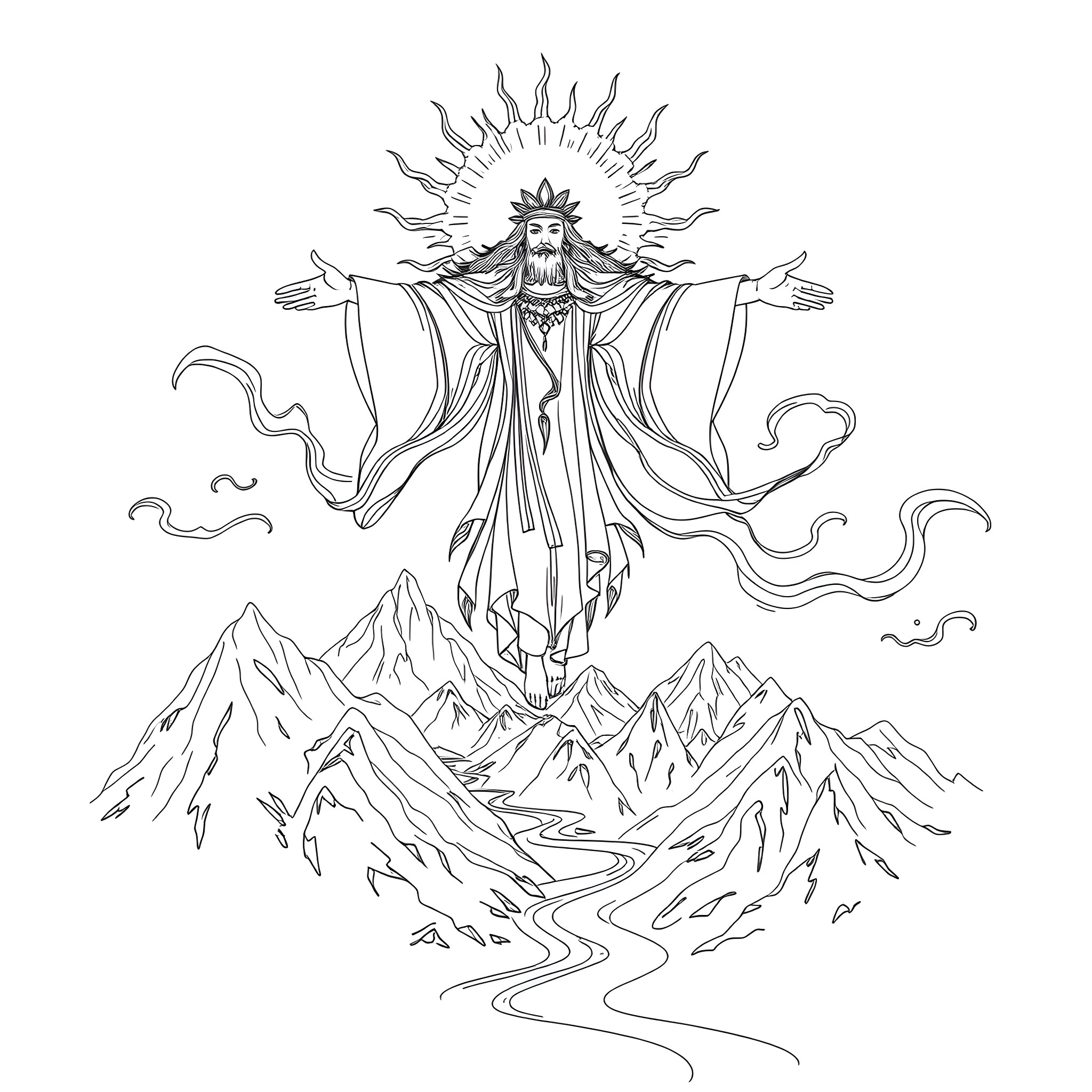 Spirit of the Mountain Range Coloring Page (free black-and-white line drawing printable PDF for all, from beginners to advanced learners, including children, teens, adults, and seniors)