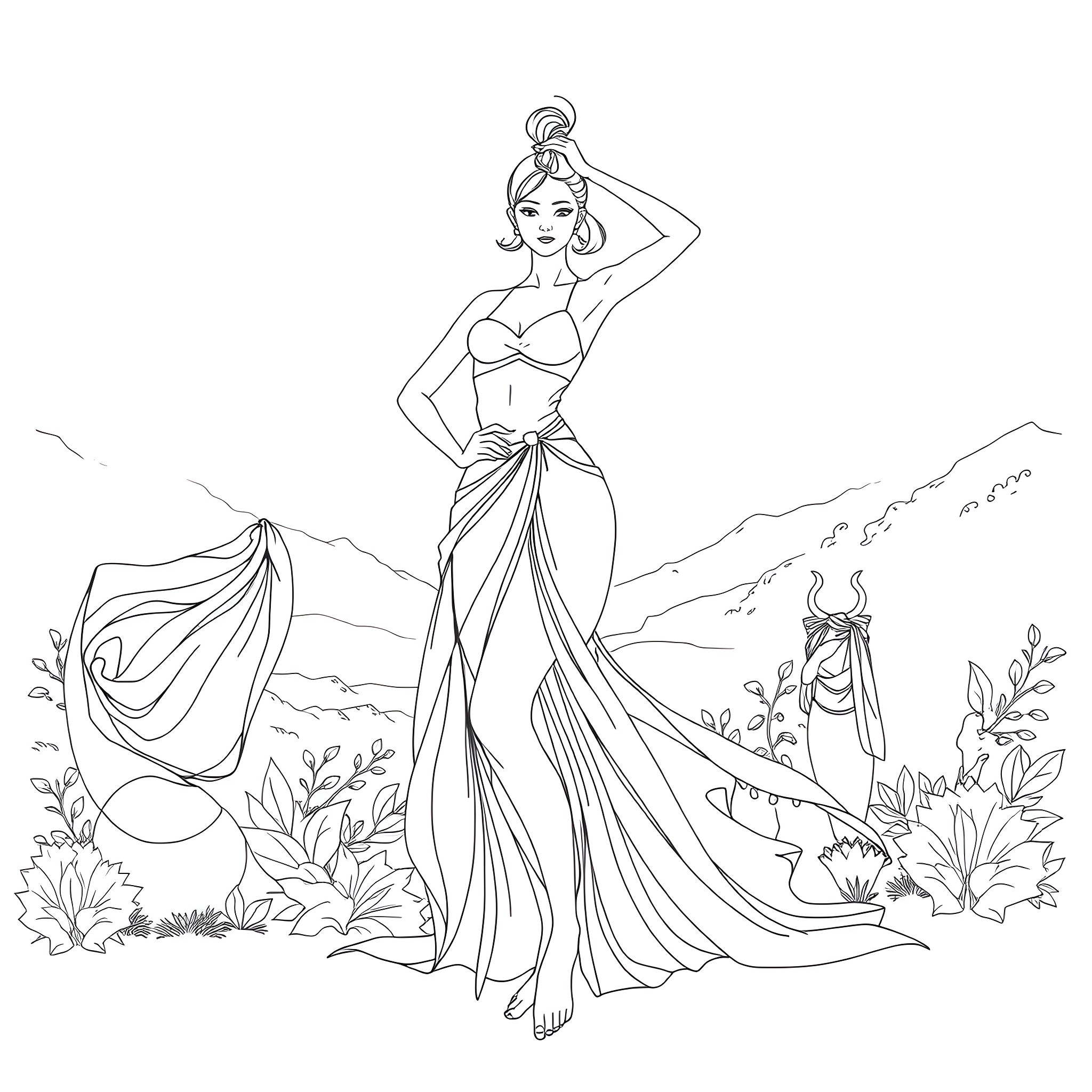 Woman in elaborate dress posing amidst nature Coloring Page (free black-and-white line drawing printable PDF for all, from beginners to advanced learners, including children, teens, adults, and seniors)
