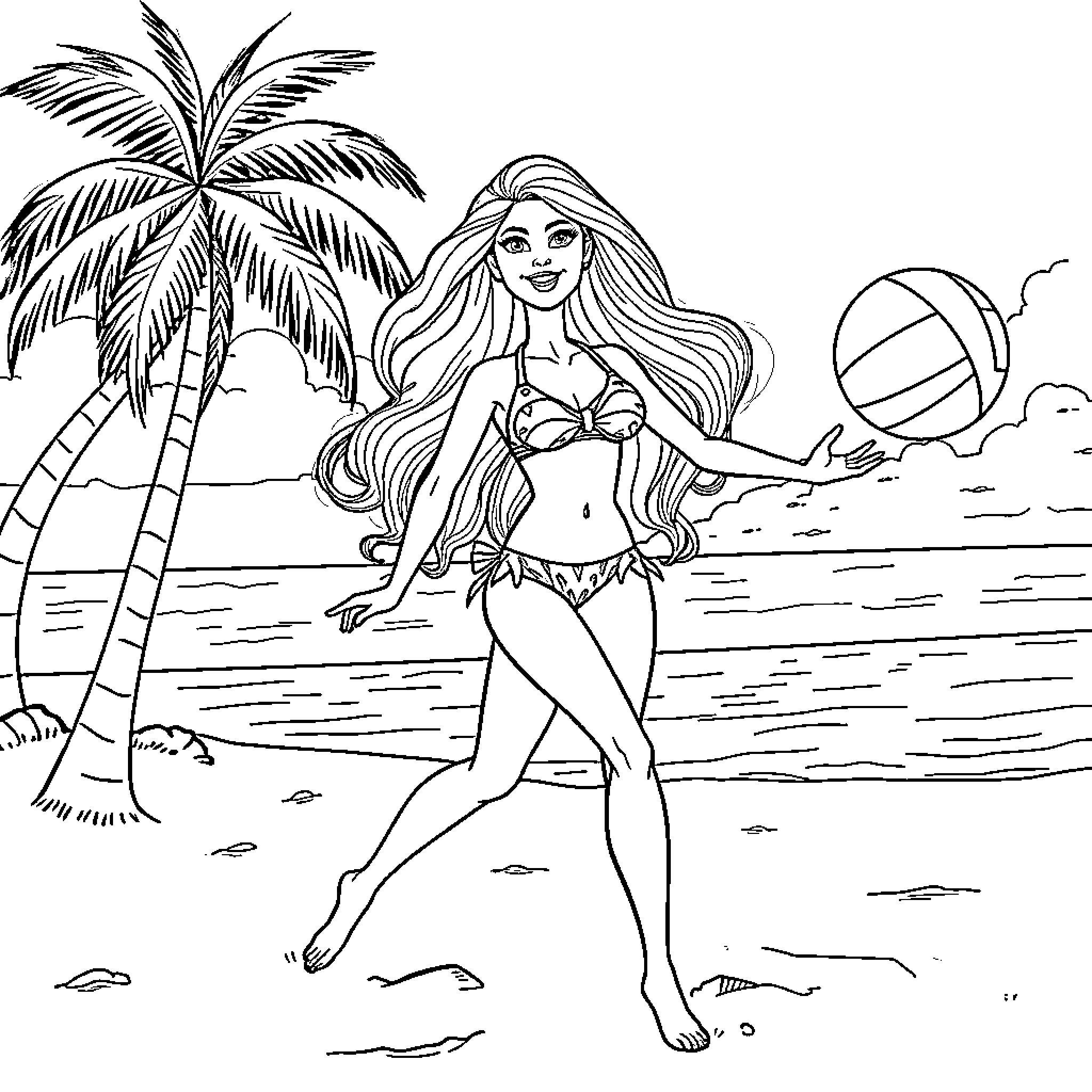 Barbie playing volleyball on the beach Coloring Page (free black-and-white line drawing printable PDF for all, from beginners to advanced learners, including children, teens, adults, and seniors)