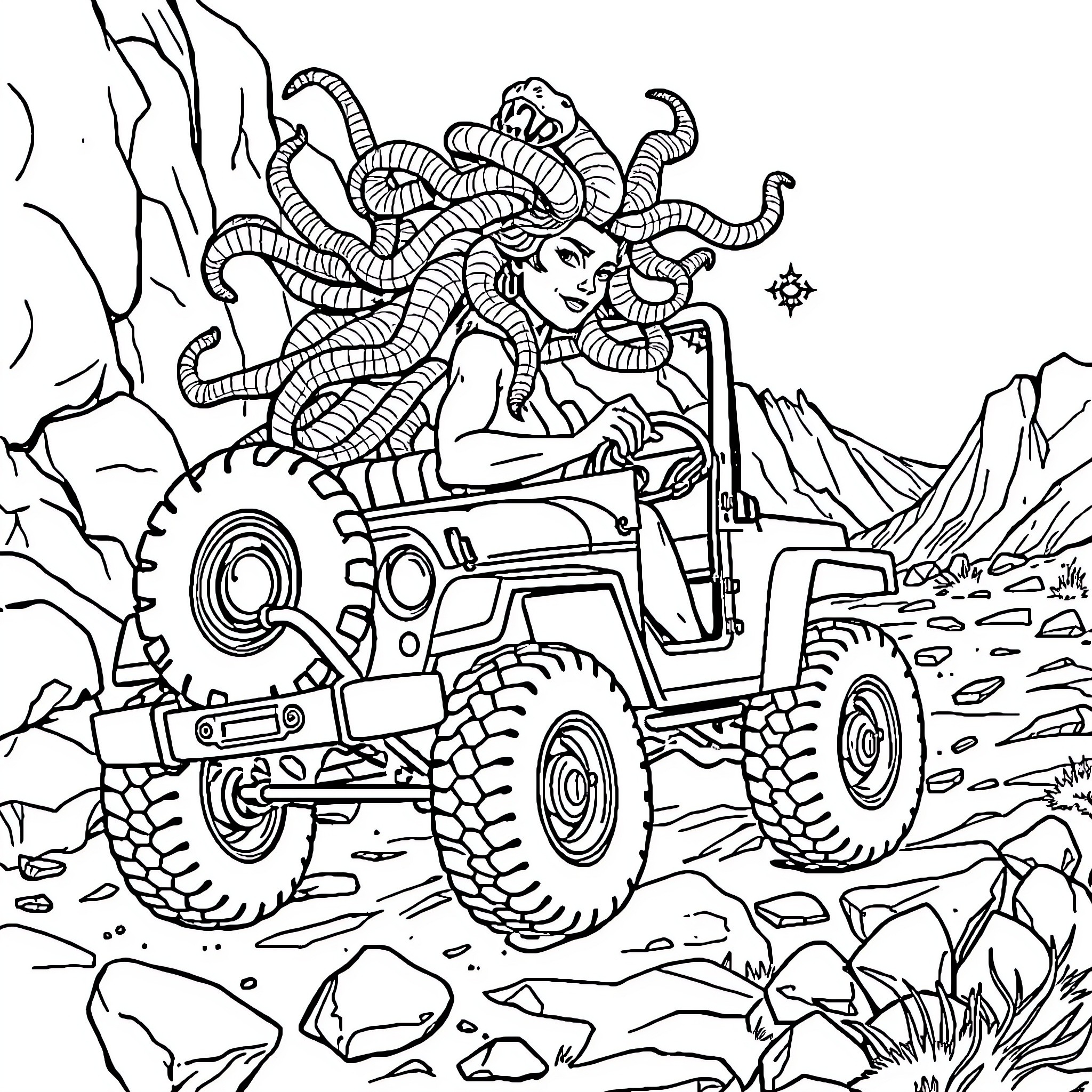 Medusa driving a rugged off-road vehicle through the wilderness Coloring Page (free black-and-white line drawing printable PDF for all, from beginners to advanced learners, including children, teens, adults, and seniors)