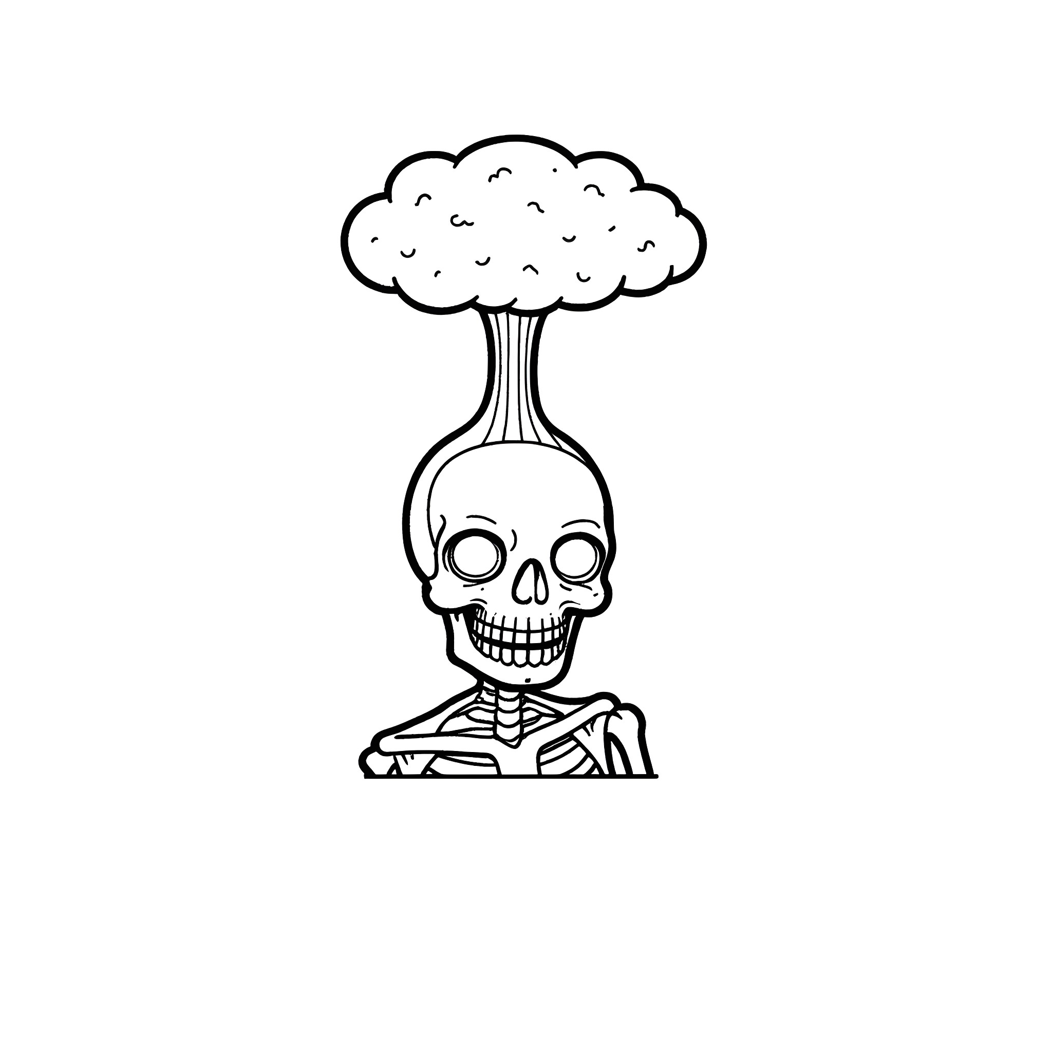 Skeleton with a cloud-like head Coloring Page (free black-and-white line drawing printable PDF for all, from beginners to advanced learners, including children, teens, adults, and seniors)