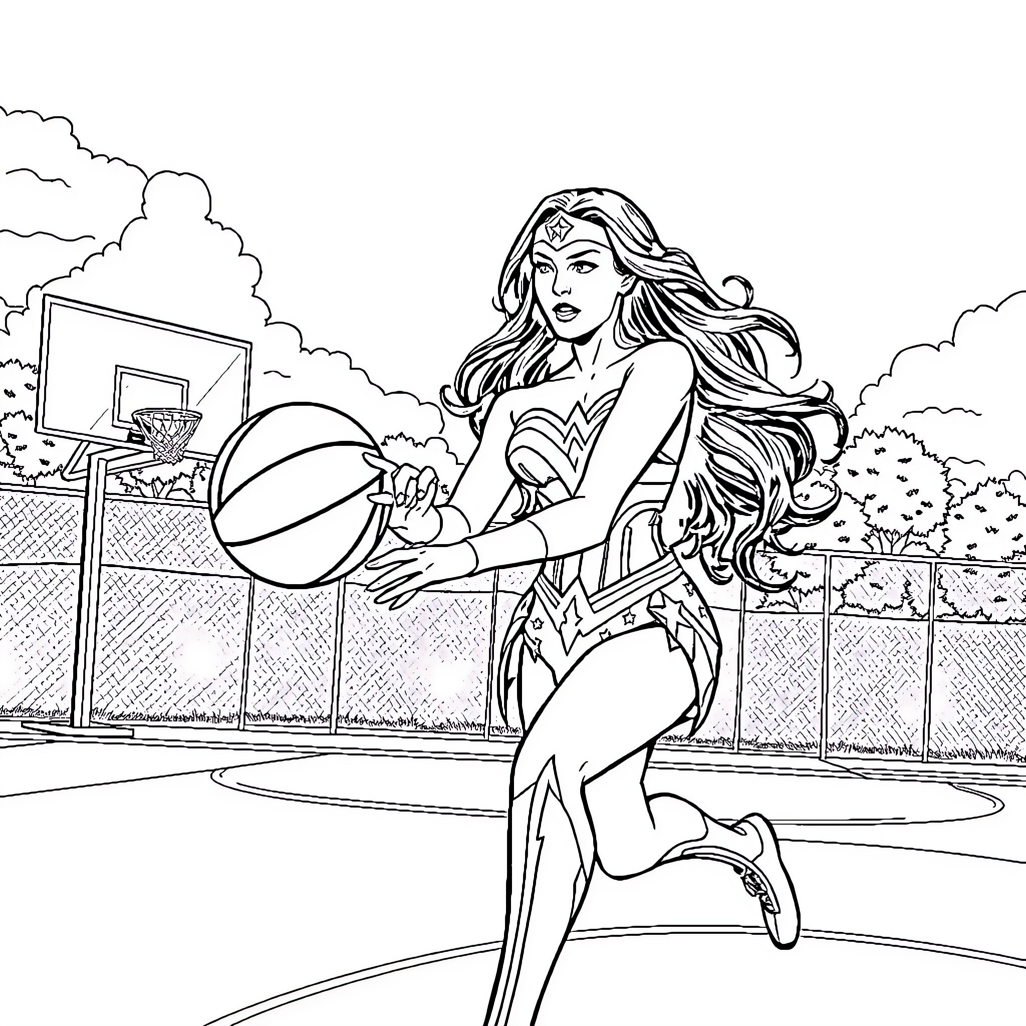Wonder Woman playing basketball on a court Coloring Page (free black-and-white line drawing printable PDF for all, from beginners to advanced learners, including children, teens, adults, and seniors)