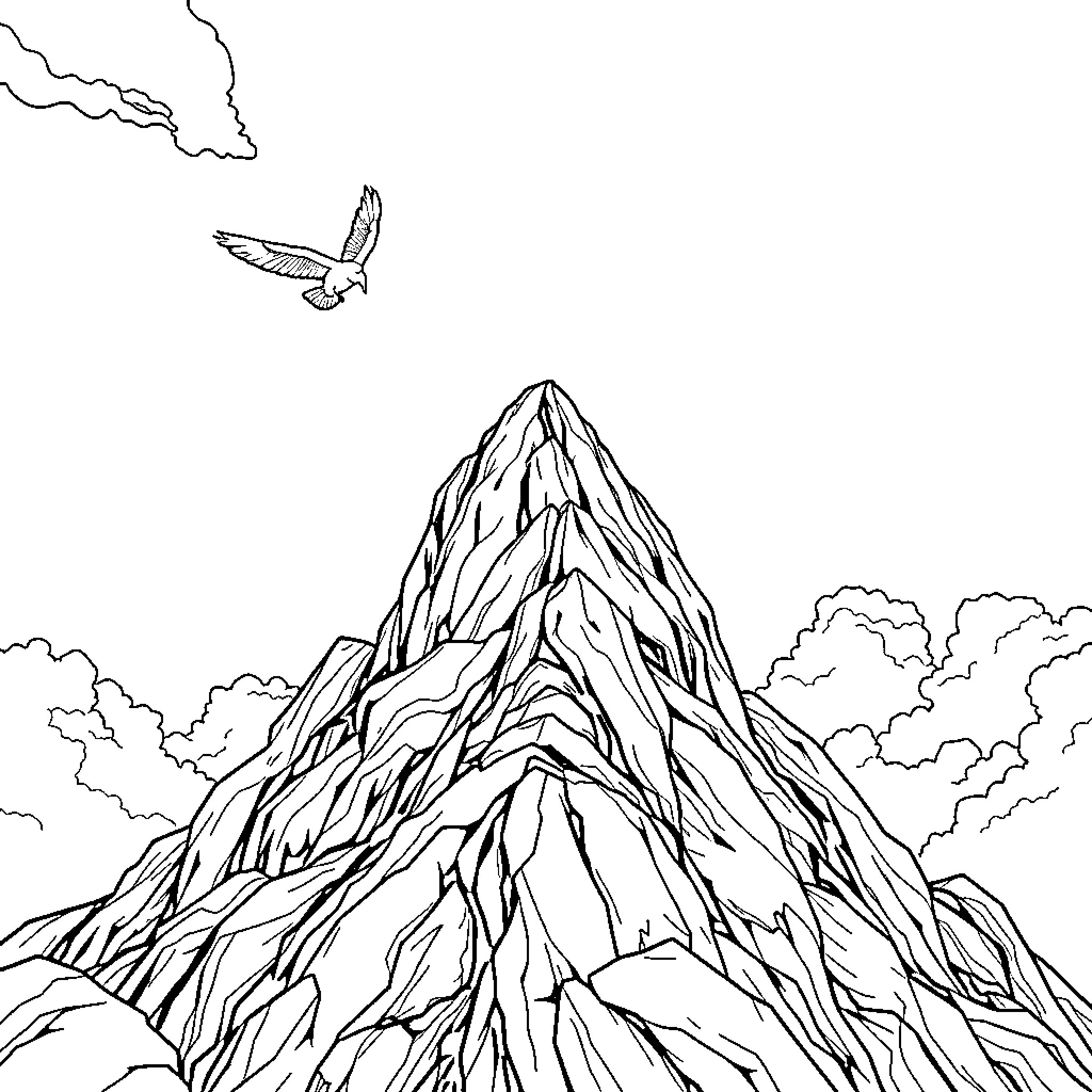 Sky soaring bird over majestic mountain scene Coloring Page (free black-and-white line drawing printable PDF for all, from beginners to advanced learners, including children, teens, adults, and seniors)