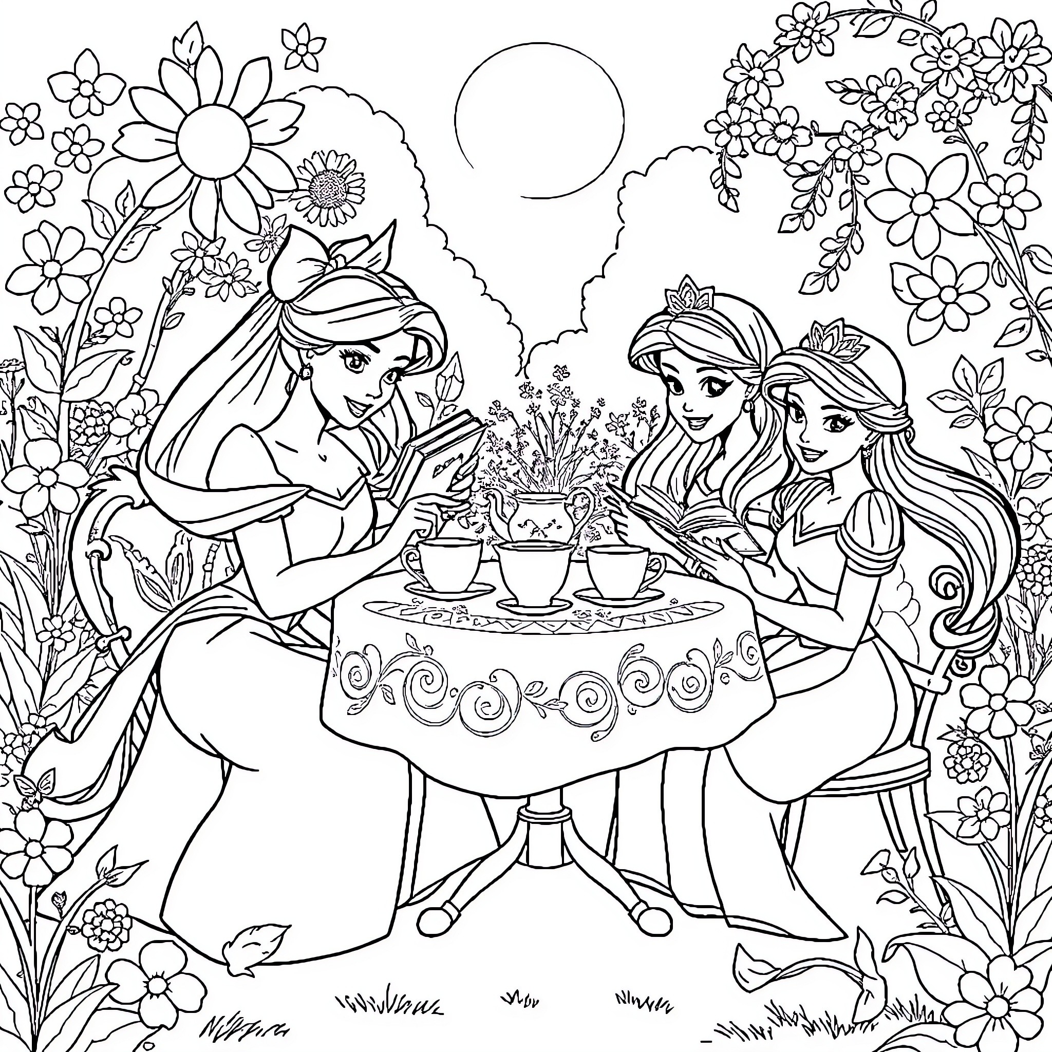 Princess Tea Party in Magical Garden Coloring Page (free black-and-white line drawing printable PDF for all, from beginners to advanced learners, including children, teens, adults, and seniors)