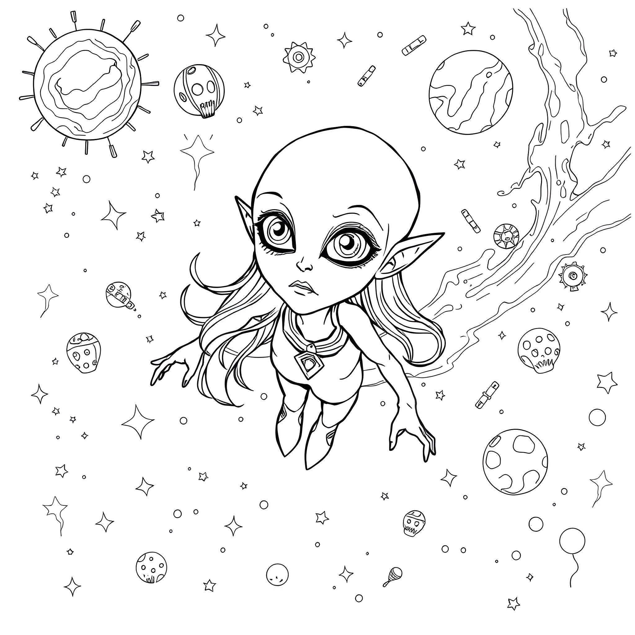 Alien exploring the cosmos Coloring Page (free black-and-white line drawing printable PDF for all, from beginners to advanced learners, including children, teens, adults, and seniors)