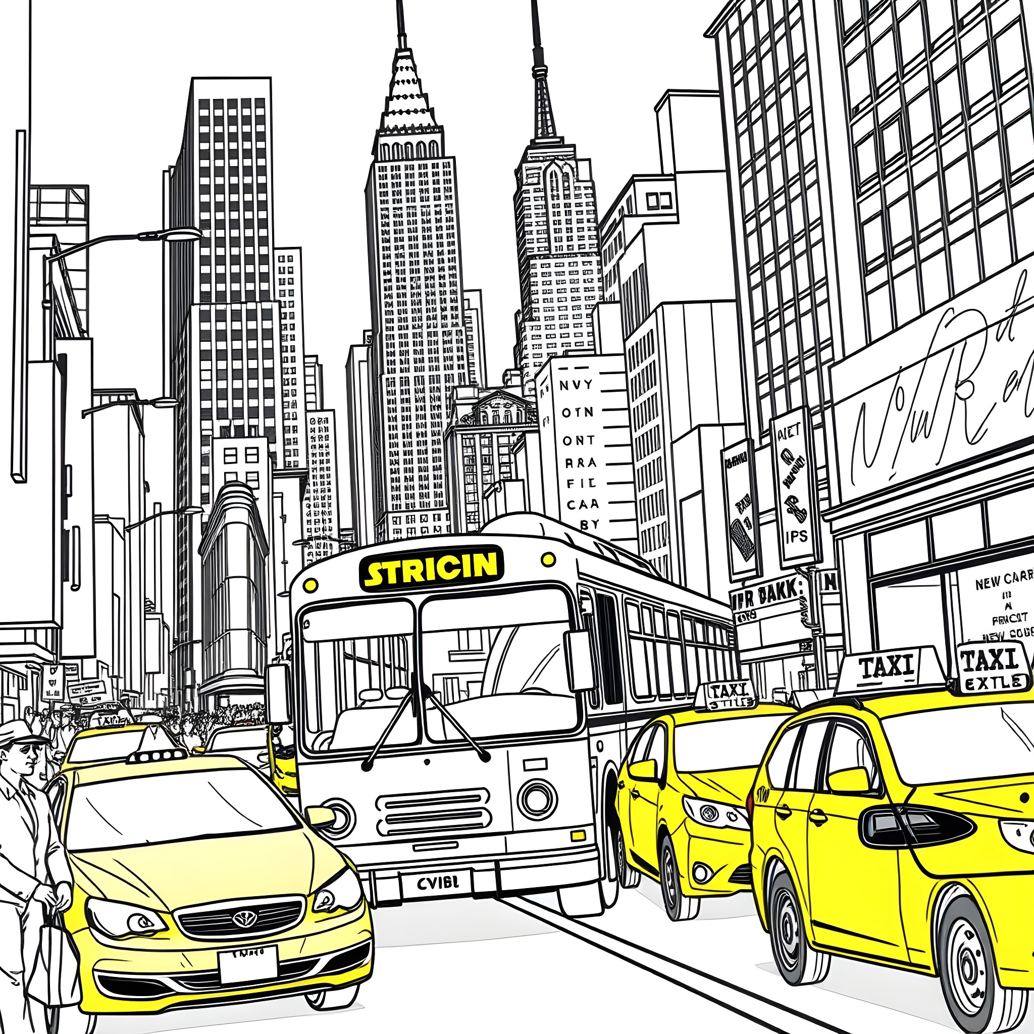 Bus in the bustling city streets with skyscrapers Coloring Page (free black-and-white line drawing printable PDF for all, from beginners to advanced learners, including children, teens, adults, and seniors)