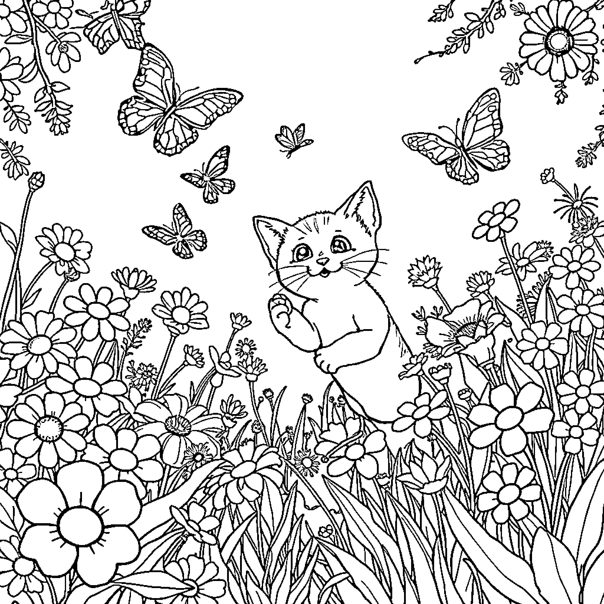 Kitten playing in a floral garden Coloring Page (free black-and-white line drawing printable PDF for all, from beginners to advanced learners, including children, teens, adults, and seniors)
