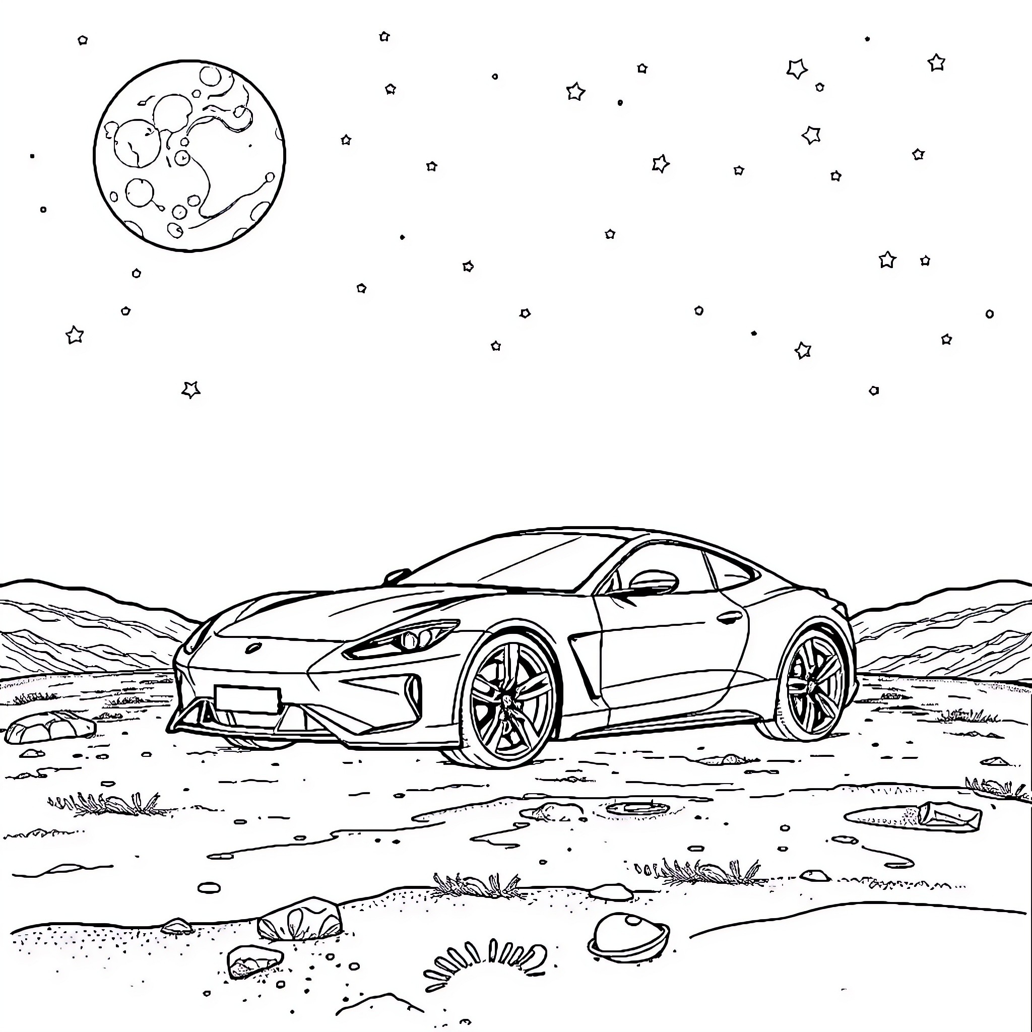 Car driving in a starry night landscape Coloring Page (free black-and-white line drawing printable PDF for all, from beginners to advanced learners, including children, teens, adults, and seniors)