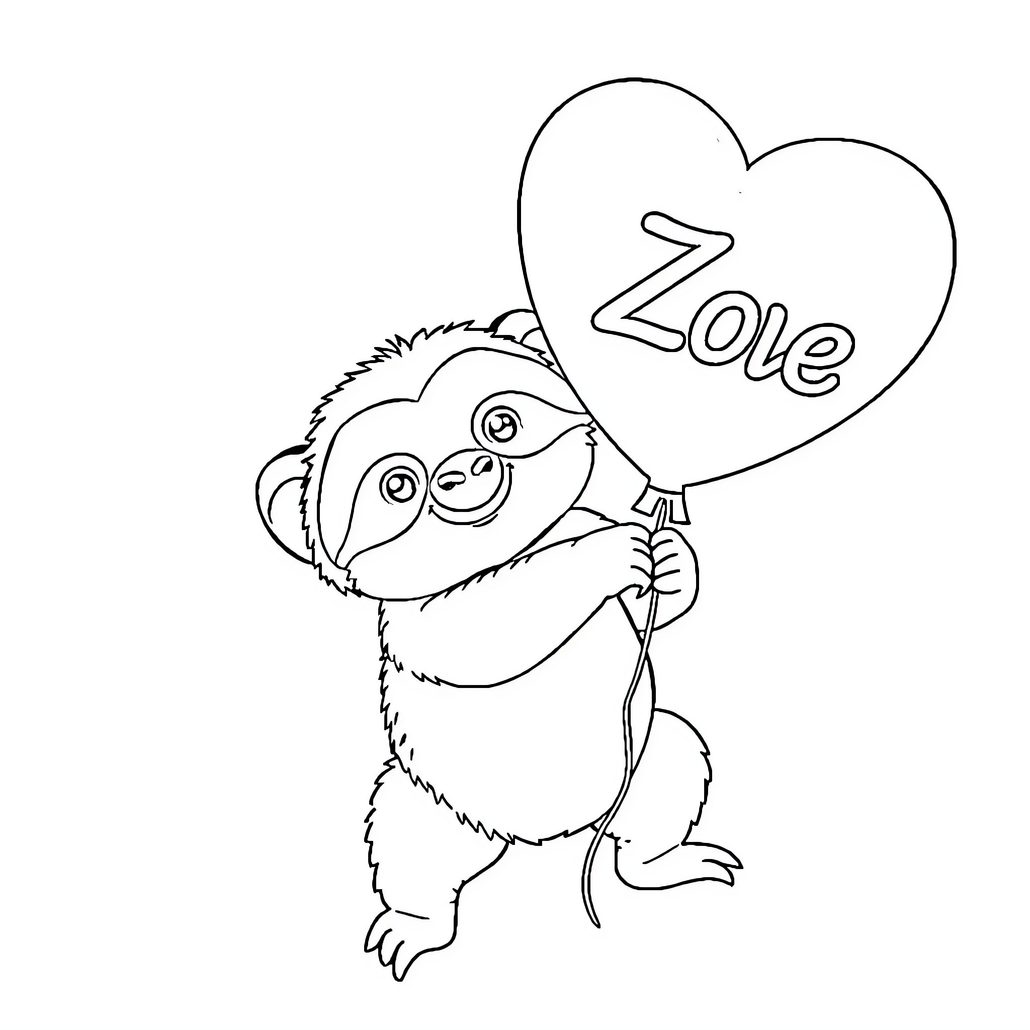 Sloth holding a heart-shaped balloon Coloring Page (free black-and-white line drawing printable PDF for all, from beginners to advanced learners, including children, teens, adults, and seniors)