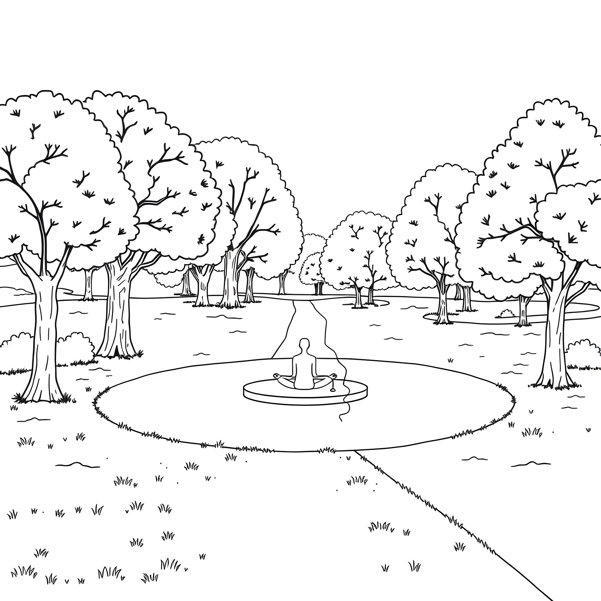 Mental Health Landscape with Meditative Figure Coloring Page (free black-and-white line drawing printable PDF for all, from beginners to advanced learners, including children, teens, adults, and seniors)