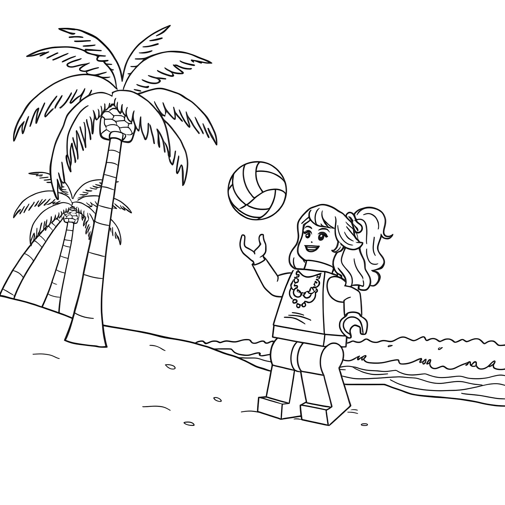 Lego Lady playing volleyball on the beach Coloring Page (free black-and-white line drawing printable PDF for all, from beginners to advanced learners, including children, teens, adults, and seniors)