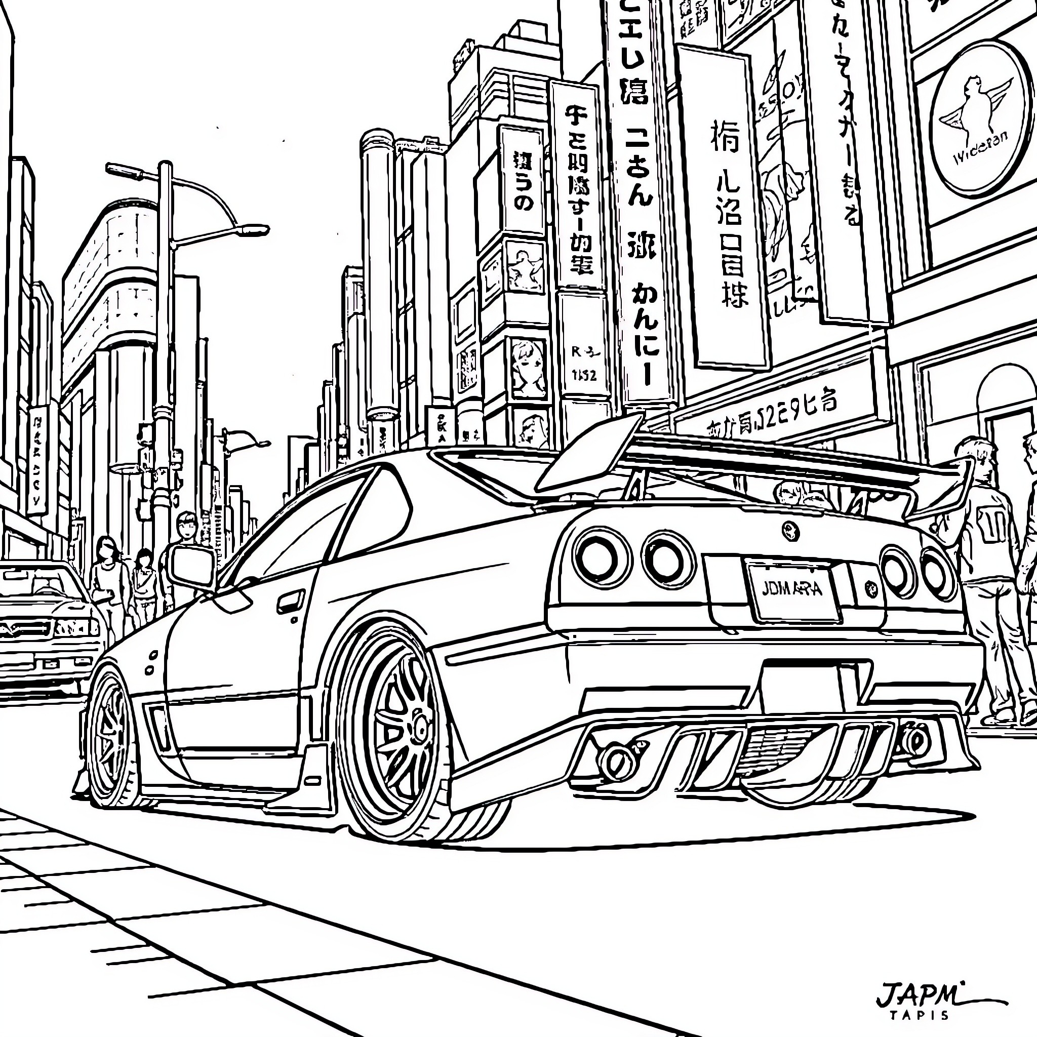 Car Racing Through Busy City Streets Coloring Page (free black-and-white line drawing printable PDF for all, from beginners to advanced learners, including children, teens, adults, and seniors)