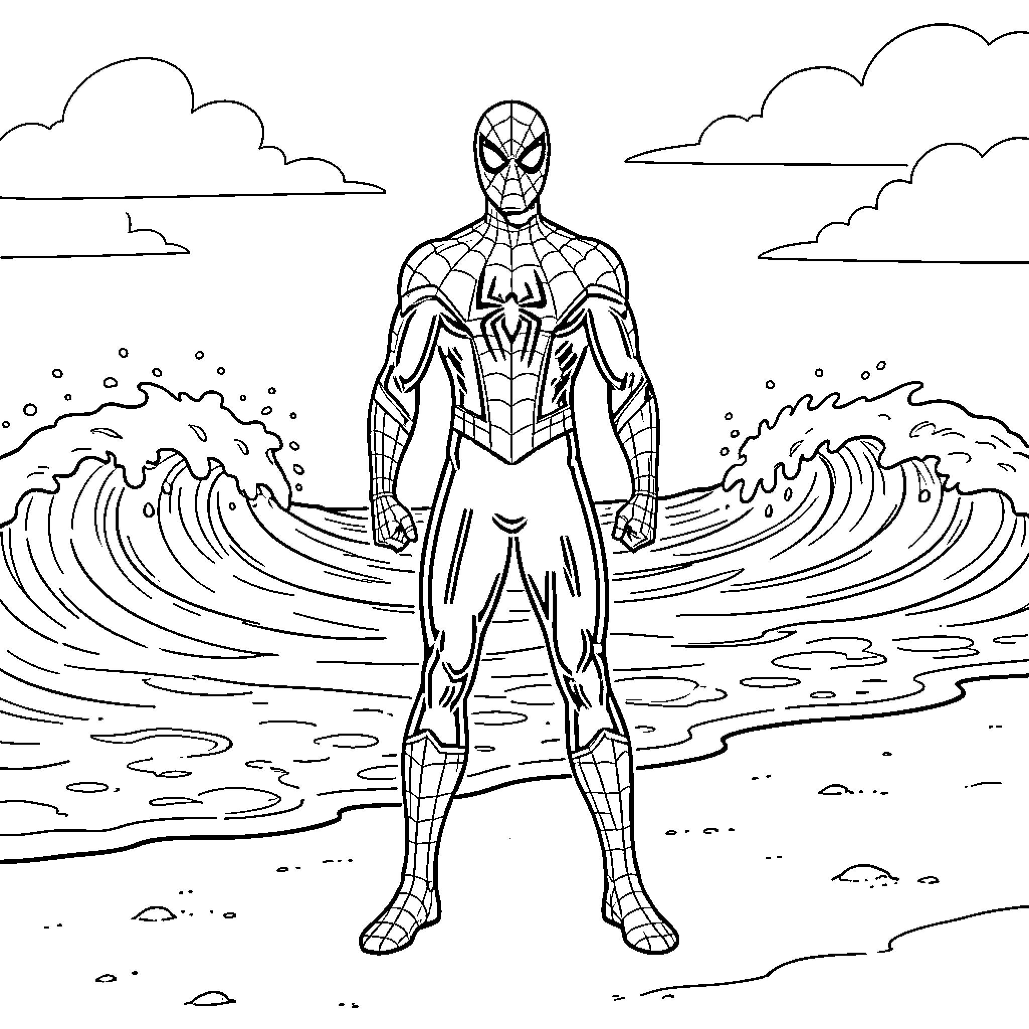 Spiderman standing heroically on a beach with waves Coloring Page (free black-and-white line drawing printable PDF for all, from beginners to advanced learners, including children, teens, adults, and seniors)