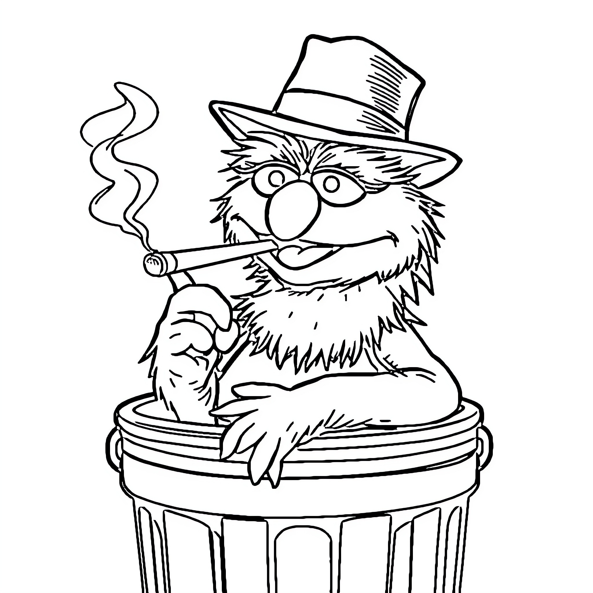 Oscar the Grouch Sitting on Trash Can Coloring Page (free black-and-white line drawing printable PDF for all, from beginners to advanced learners, including children, teens, adults, and seniors)
