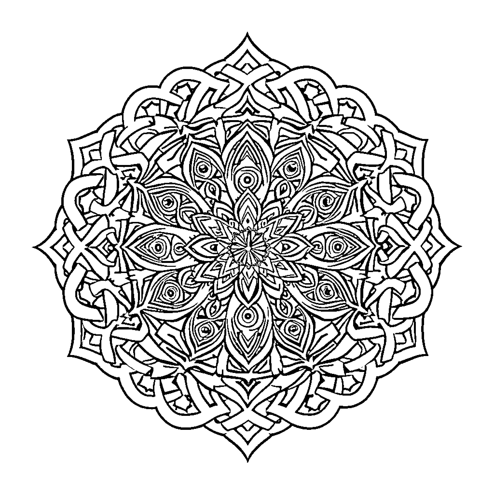 Mandala of intricate symmetrical patterns Coloring Page (free black-and-white line drawing printable PDF for all, from beginners to advanced learners, including children, teens, adults, and seniors)