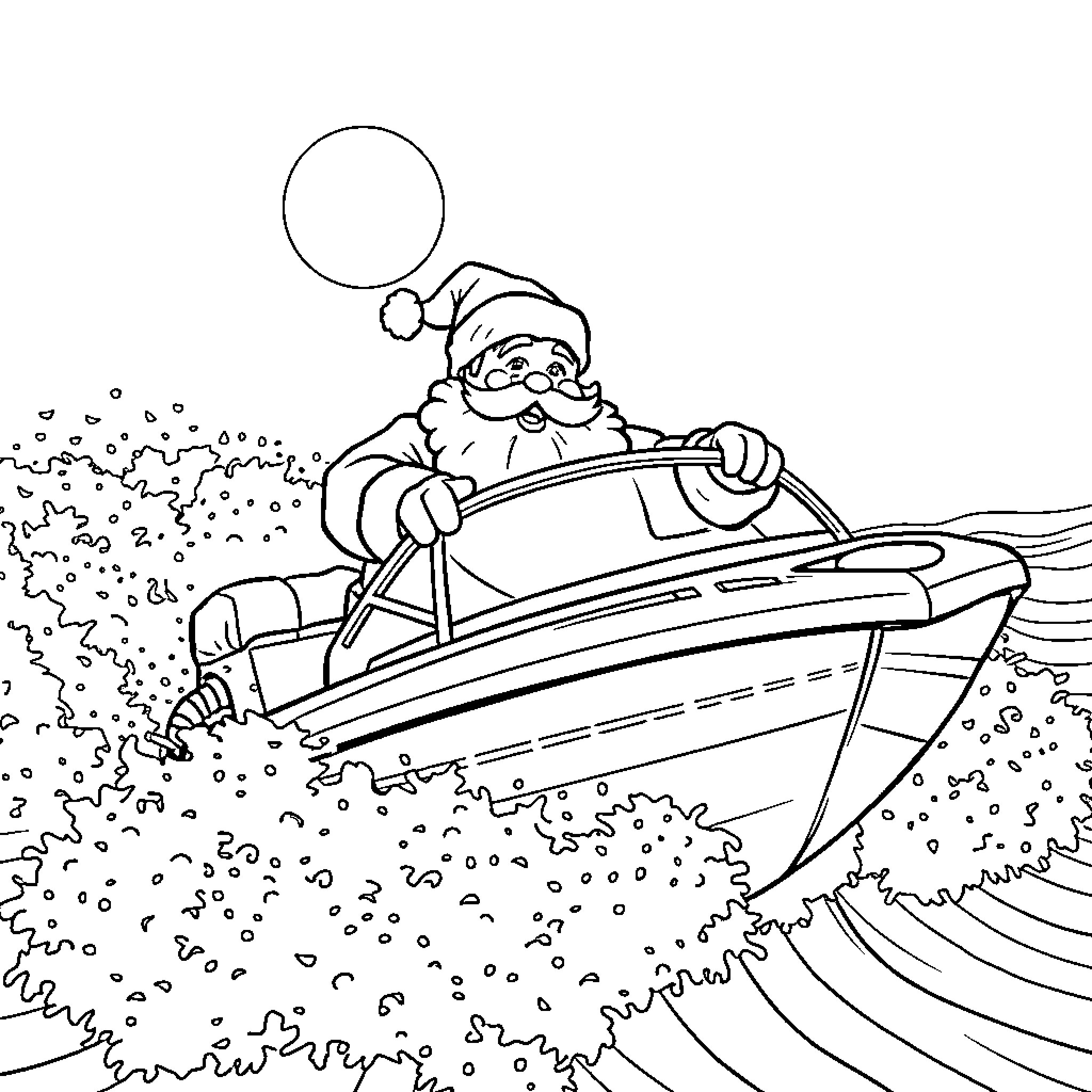 Santa Claus riding a speedboat on the water Coloring Page (free black-and-white line drawing printable PDF for all, from beginners to advanced learners, including children, teens, adults, and seniors)
