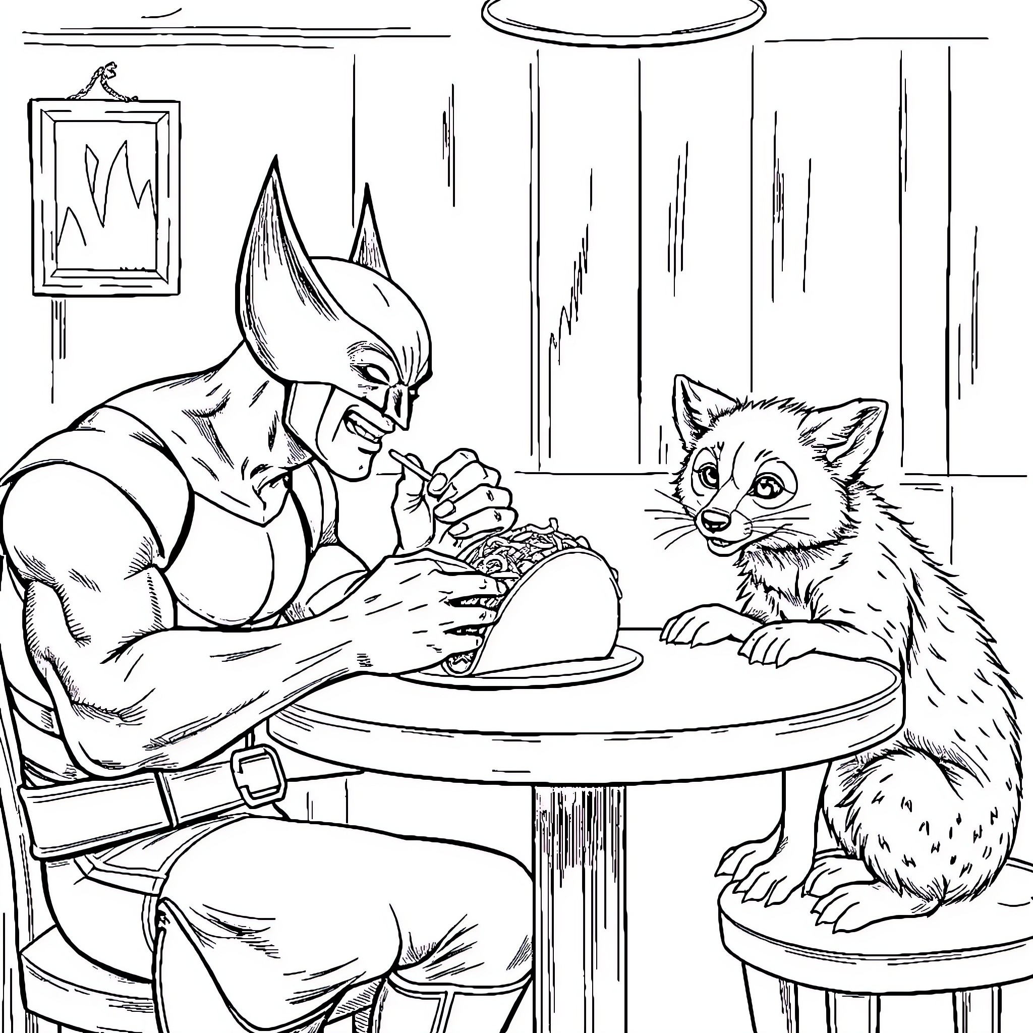 Wolverine enjoying a meal with a curious furry friend Coloring Page (free black-and-white line drawing printable PDF for all, from beginners to advanced learners, including children, teens, adults, and seniors)