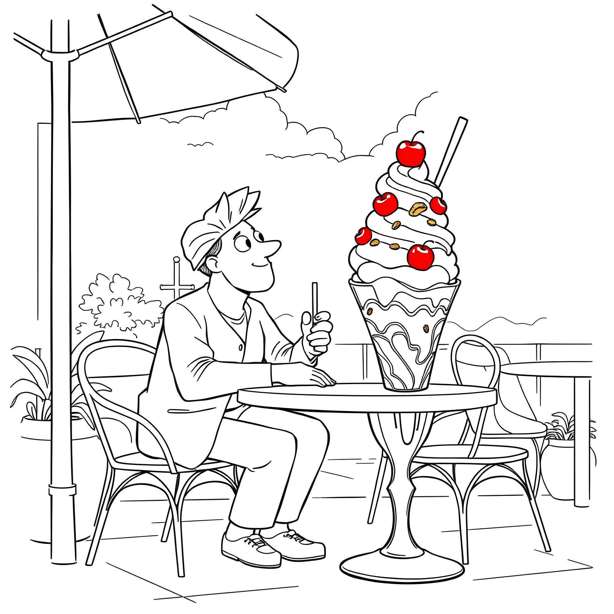 Duce Enjoying an Icy Treat on a Sunny Day Coloring Page (free black-and-white line drawing printable PDF for all, from beginners to advanced learners, including children, teens, adults, and seniors)
