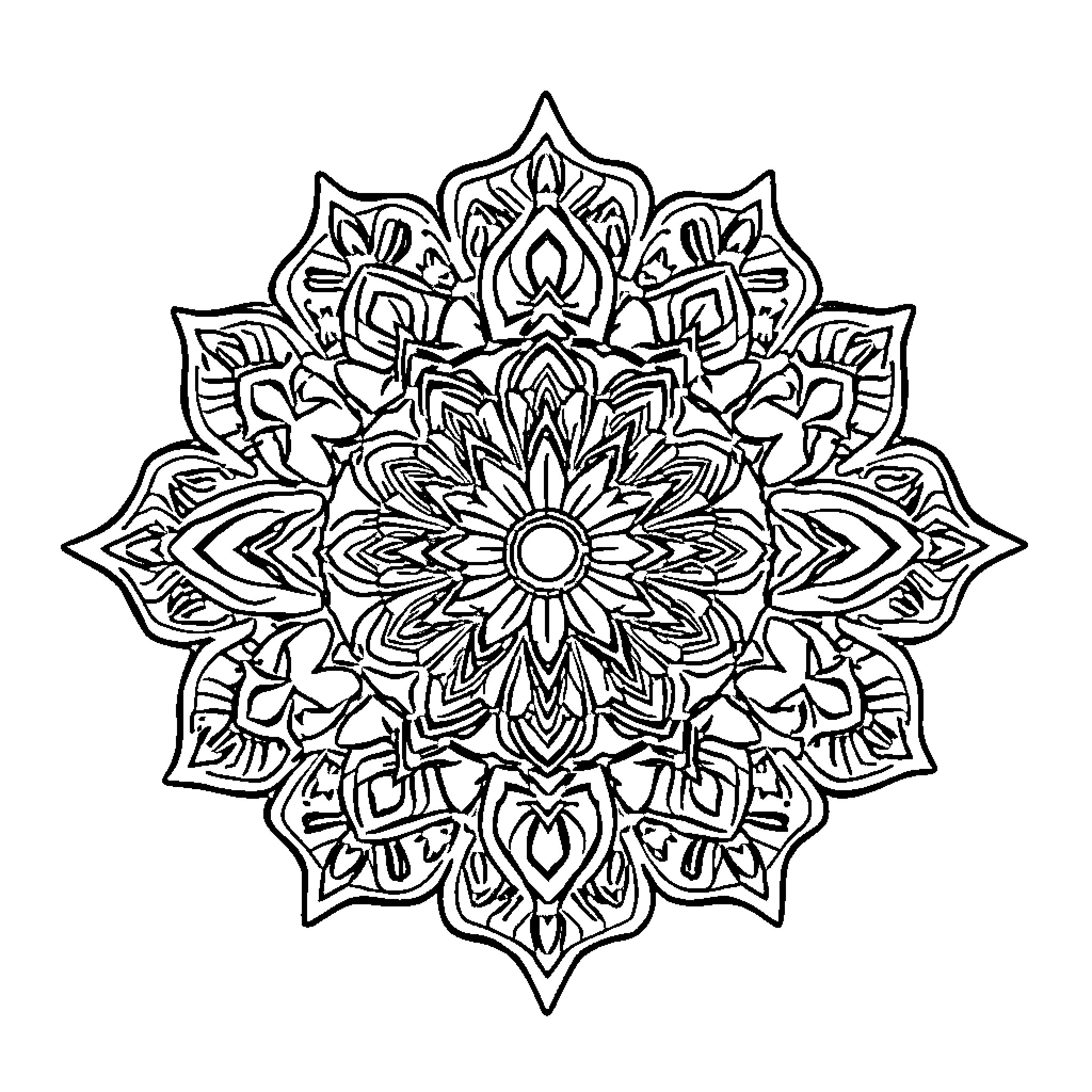 Mandala with intricate floral designs Coloring Page (free black-and-white line drawing printable PDF for all, from beginners to advanced learners, including children, teens, adults, and seniors)