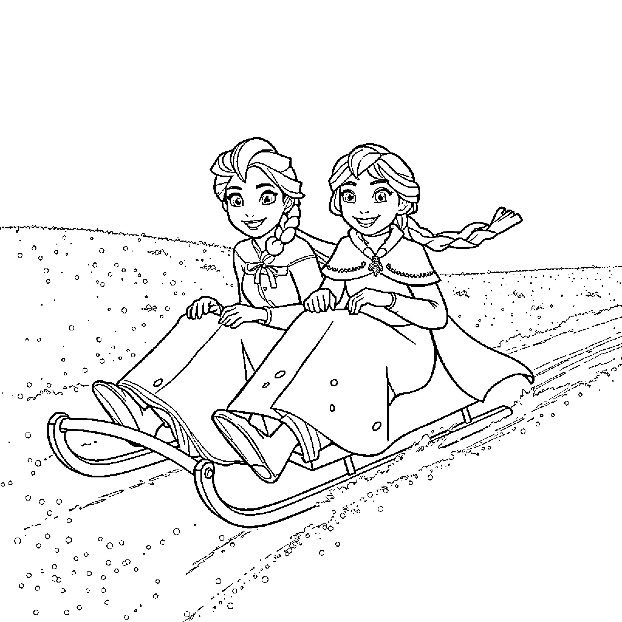 Elsa and Anna enjoying a winter sled ride Coloring Page (free black-and-white line drawing printable PDF for all, from beginners to advanced learners, including children, teens, adults, and seniors)