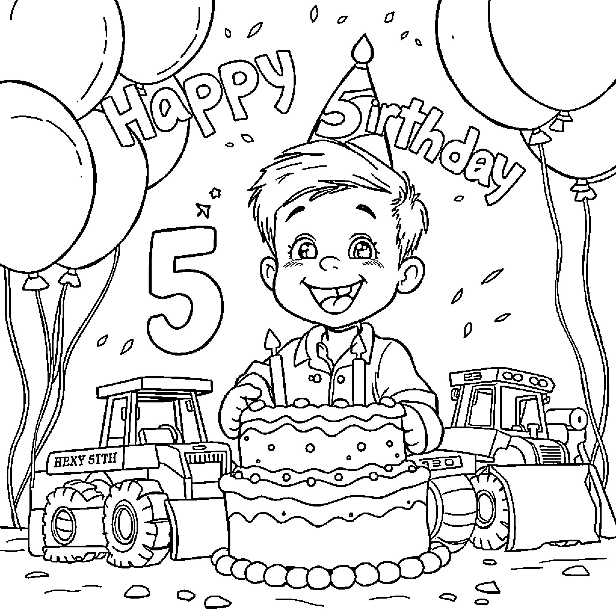 Boy celebrating his 5th birthday with a cake and toys Coloring Page (free black-and-white line drawing printable PDF for all, from beginners to advanced learners, including children, teens, adults, and seniors)