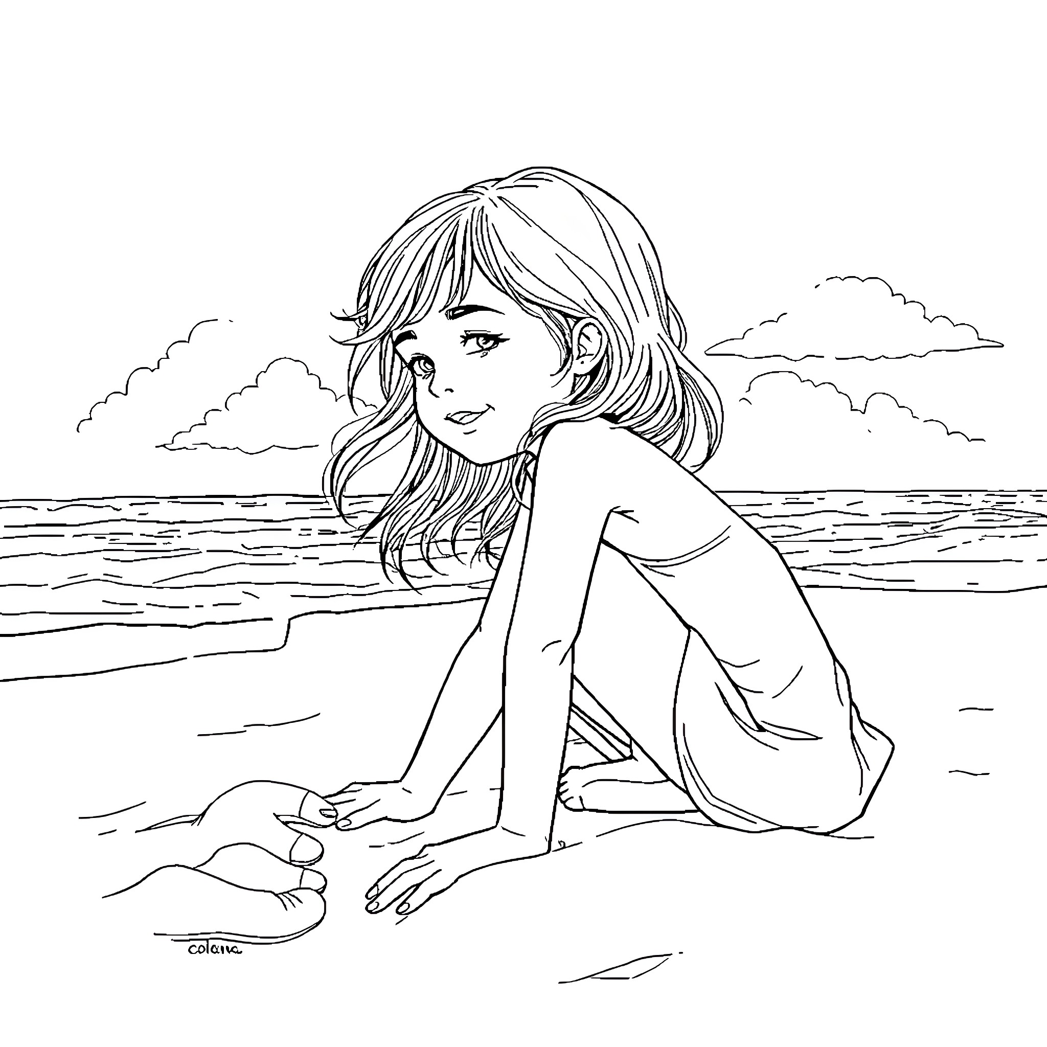 Girl sitting on the beach admiring the view Coloring Page (free black-and-white line drawing printable PDF for all, from beginners to advanced learners, including children, teens, adults, and seniors)