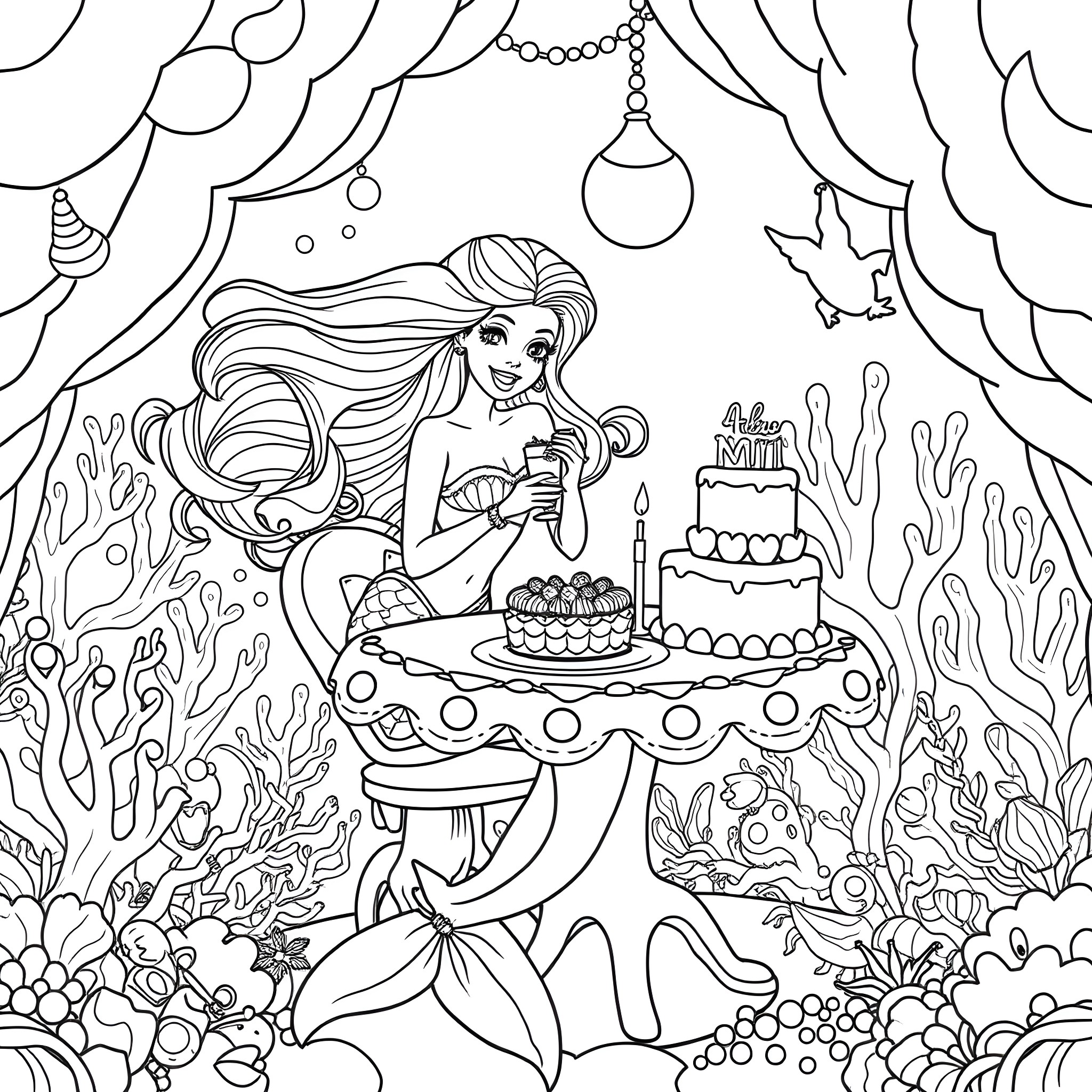 Mermaid Celebrating a Birthday Party Underwater Coloring Page (free black-and-white line drawing printable PDF for all, from beginners to advanced learners, including children, teens, adults, and seniors)