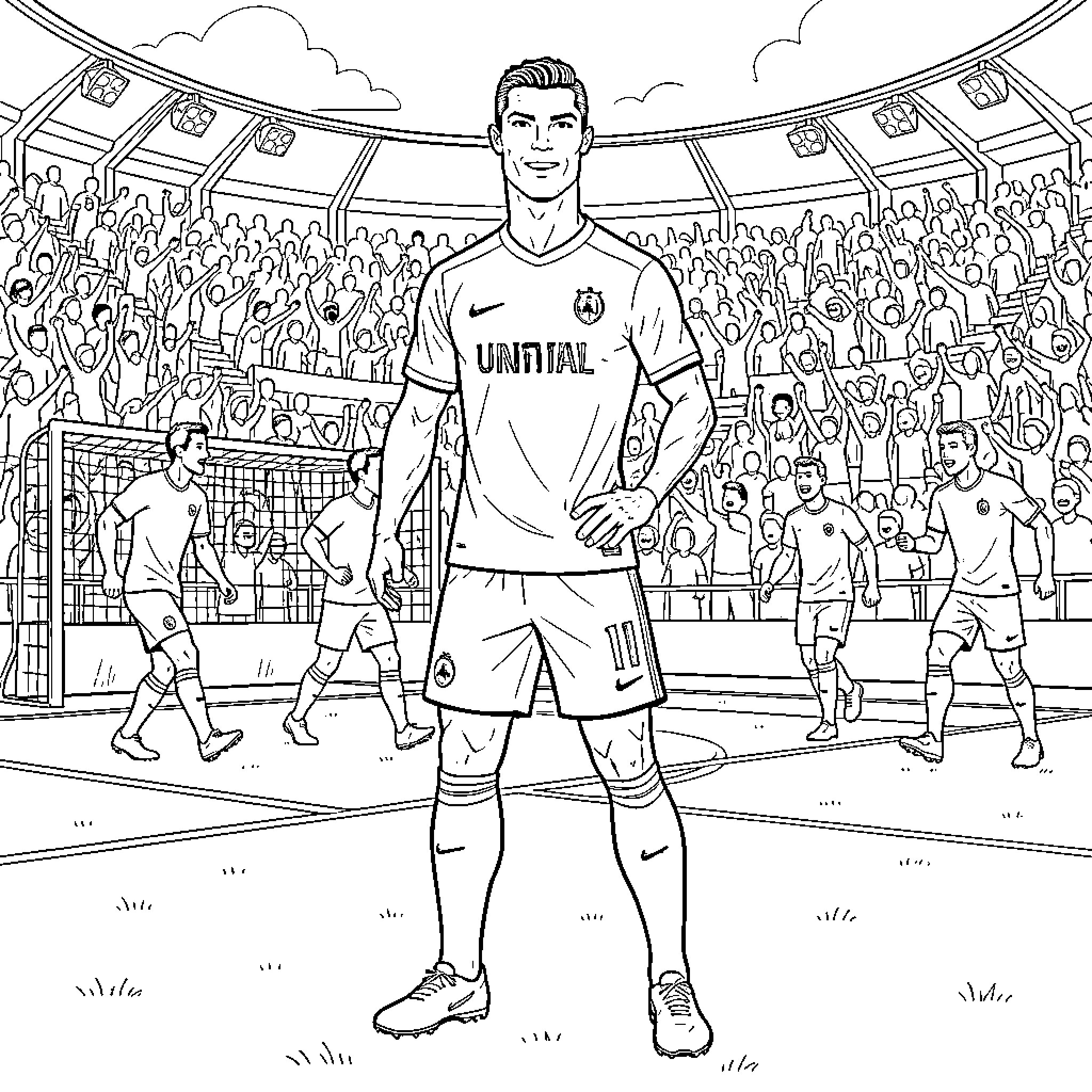Cristiano Ronaldo standing confidently in a football stadium Coloring Page (free black-and-white line drawing printable PDF for all, from beginners to advanced learners, including children, teens, adults, and seniors)