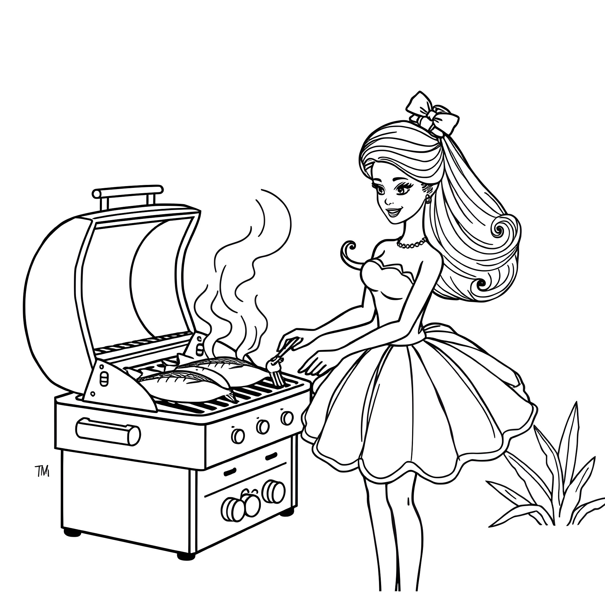 Barbie playing with barbecue grill Coloring Page (free black-and-white line drawing printable PDF for all, from beginners to advanced learners, including children, teens, adults, and seniors)