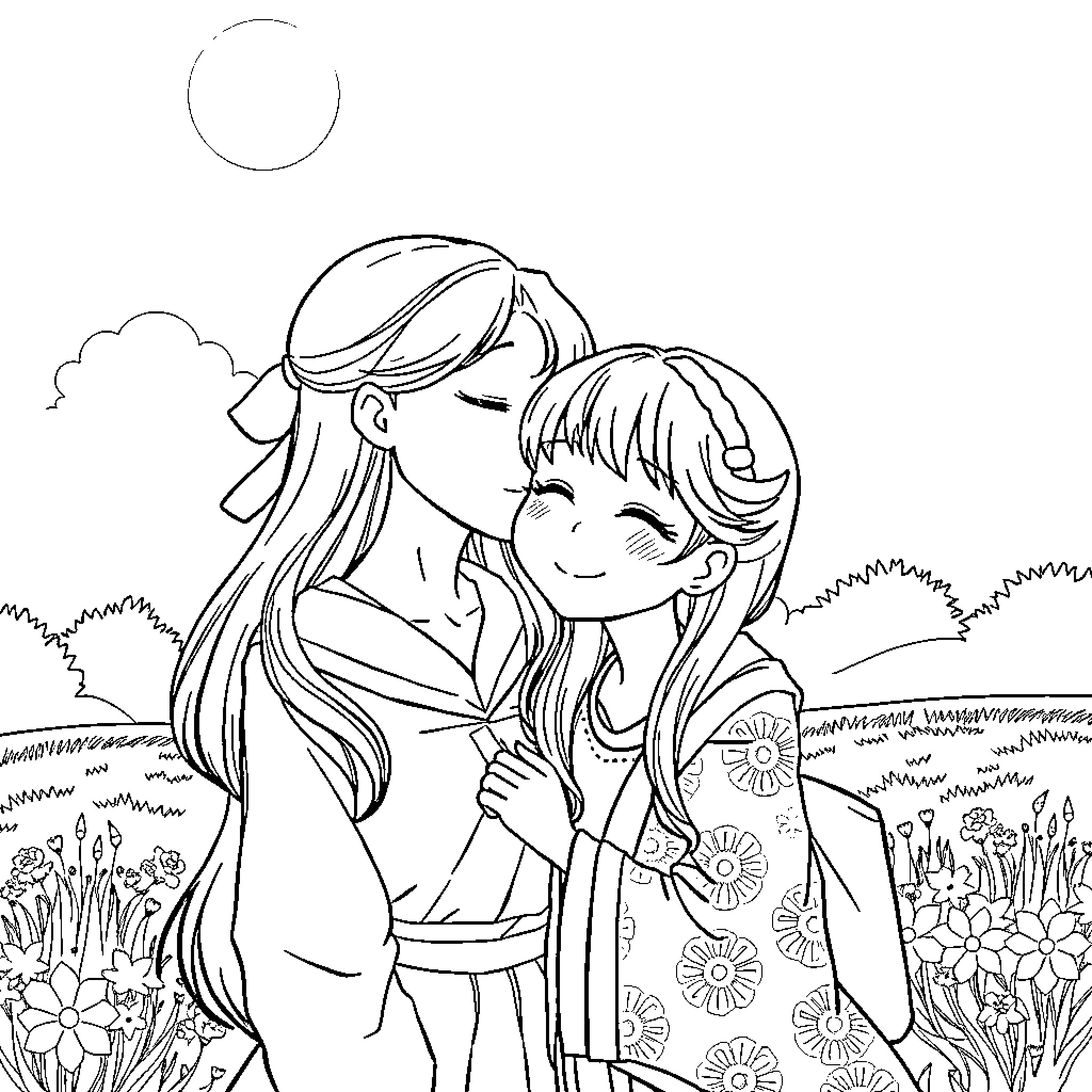 Yuna and her friend in a serene nature setting Coloring Page (free black-and-white line drawing printable PDF for all, from beginners to advanced learners, including children, teens, adults, and seniors)