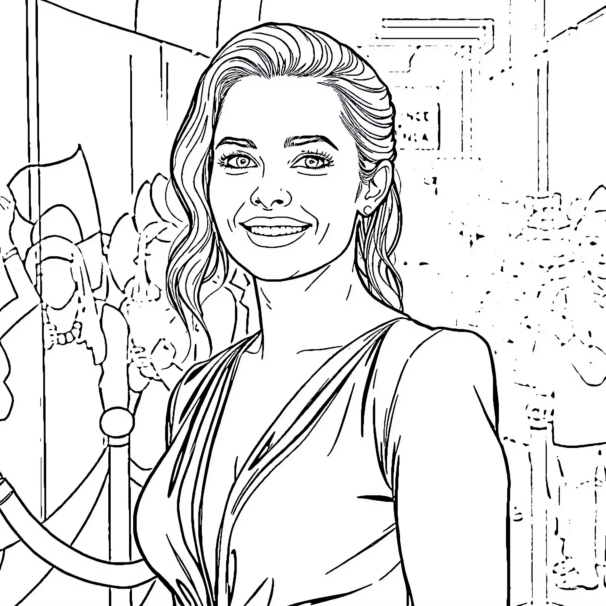 Margot Robbie in a joyful and expressive pose Coloring Page (free black-and-white line drawing printable PDF for all, from beginners to advanced learners, including children, teens, adults, and seniors)