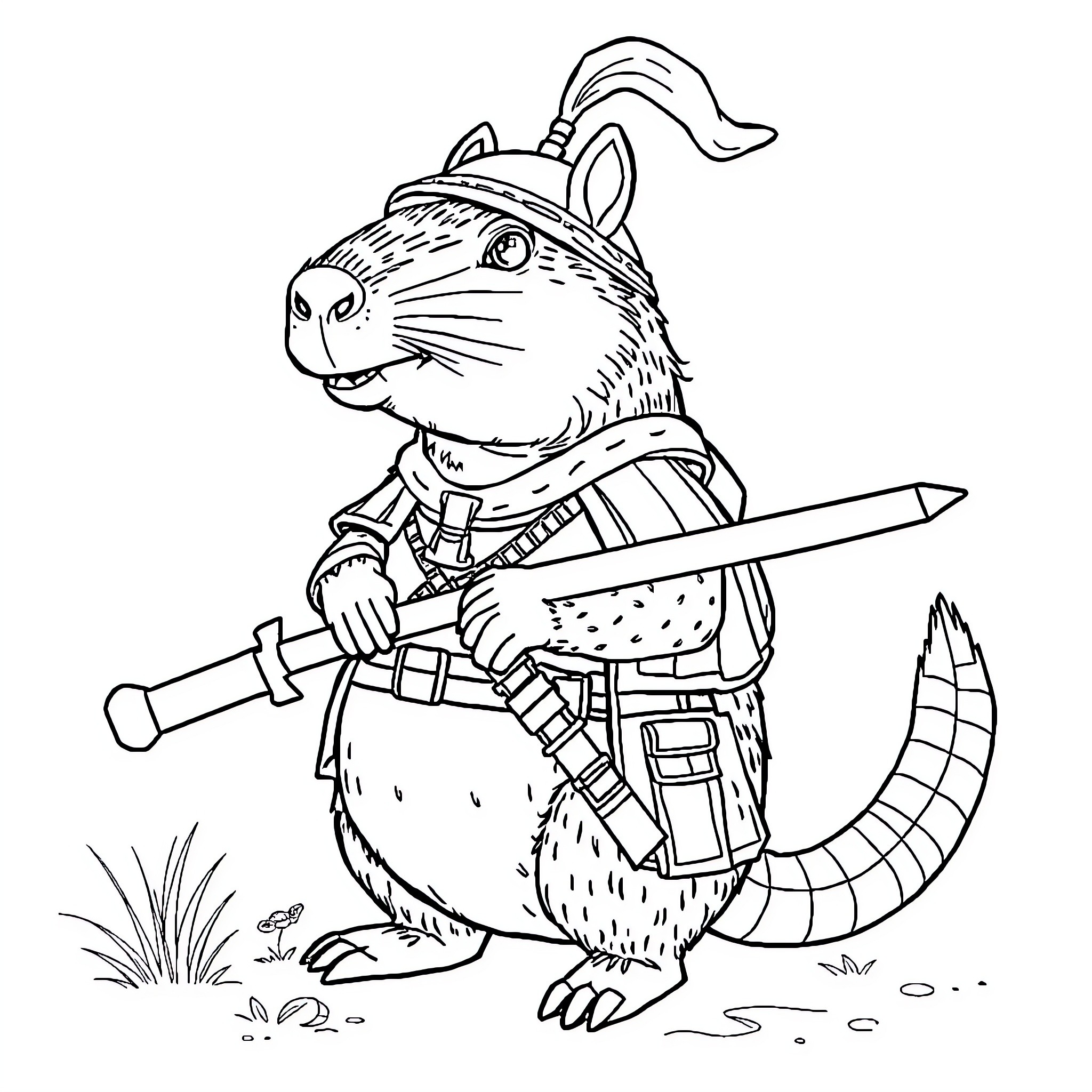 Capybara warrior with sword on the battlefield Coloring Page (free black-and-white line drawing printable PDF for all, from beginners to advanced learners, including children, teens, adults, and seniors)