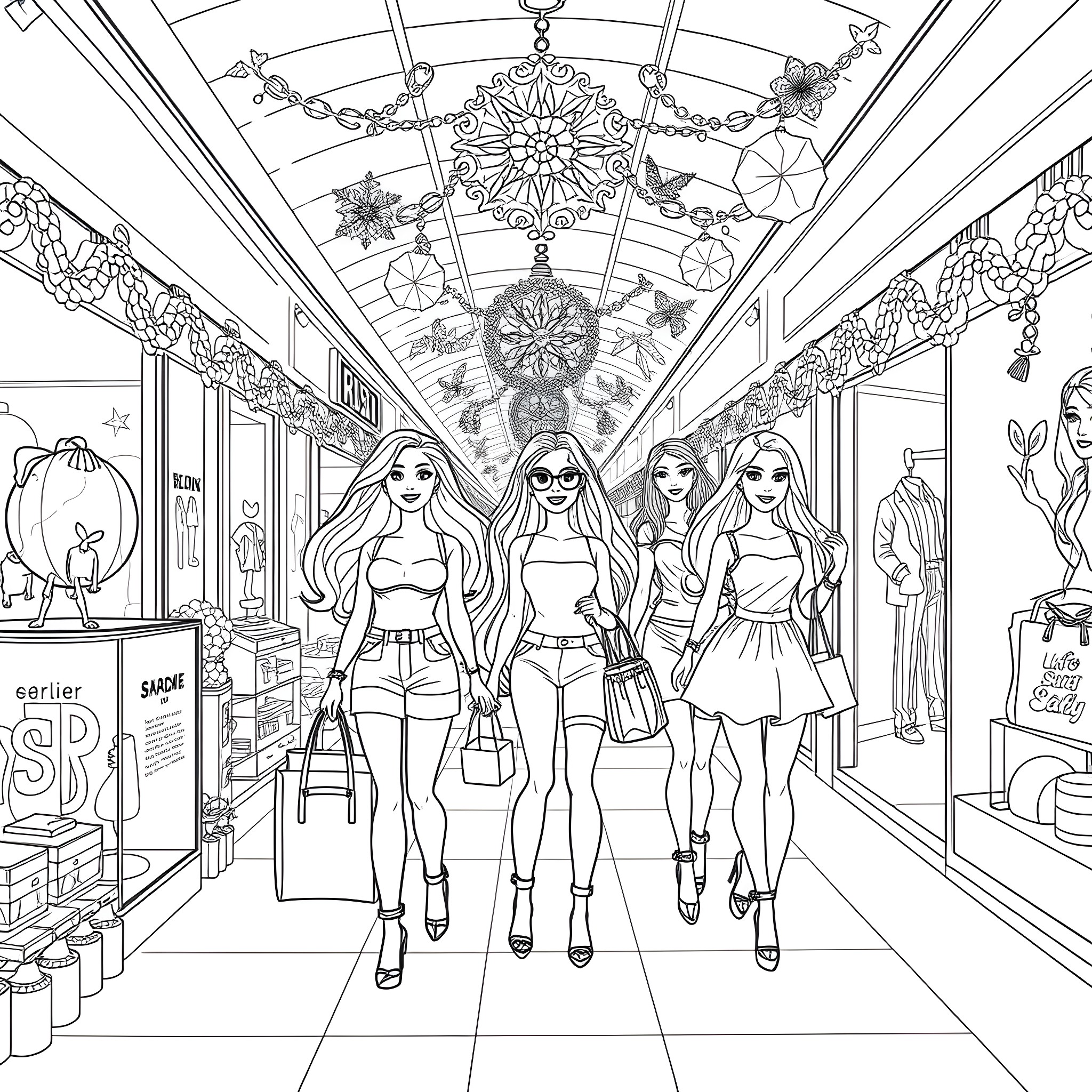 Doll friends enjoying a shopping trip in a stylish store Coloring Page (free black-and-white line drawing printable PDF for all, from beginners to advanced learners, including children, teens, adults, and seniors)