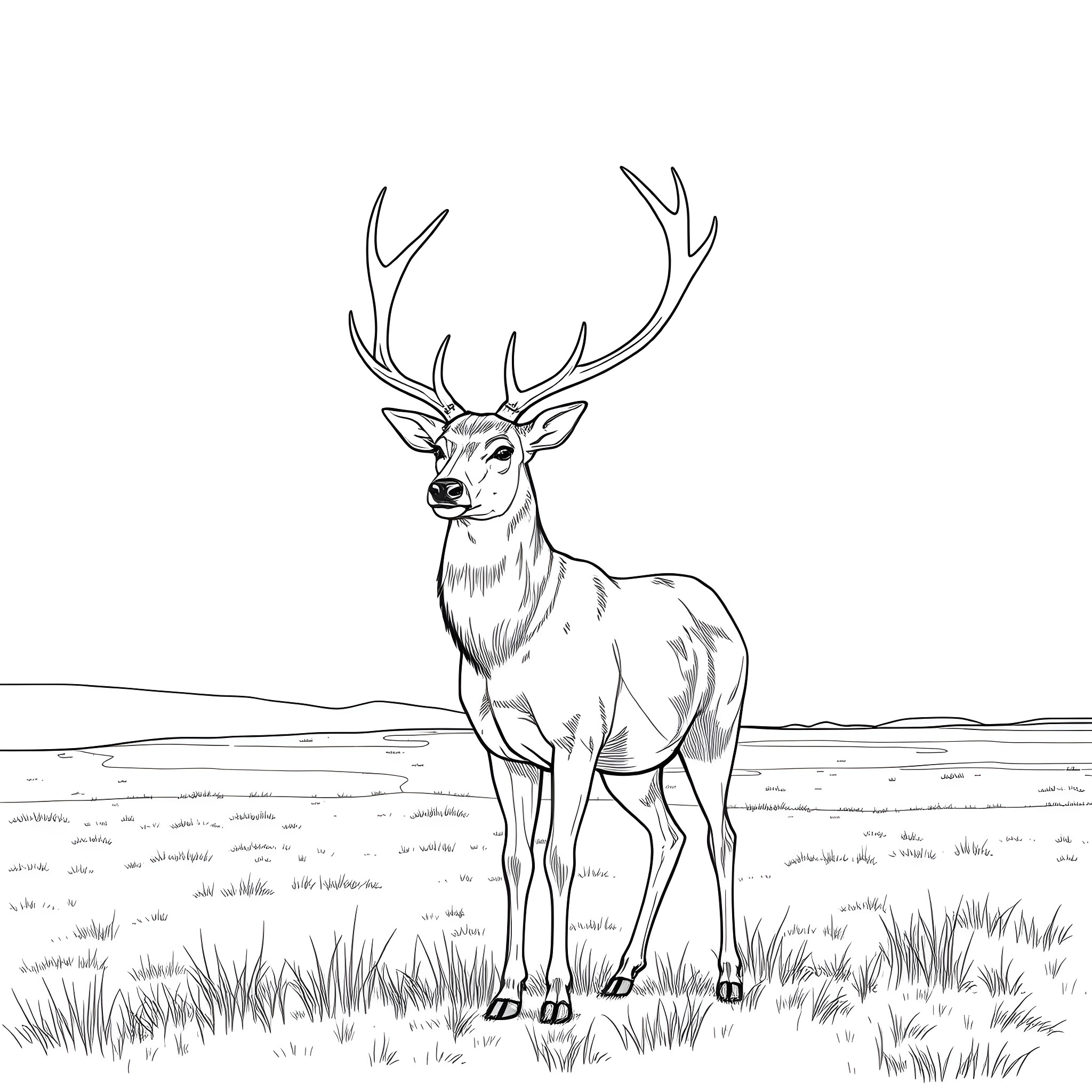 Deer standing in a grassy field Coloring Page (free black-and-white line drawing printable PDF for all, from beginners to advanced learners, including children, teens, adults, and seniors)