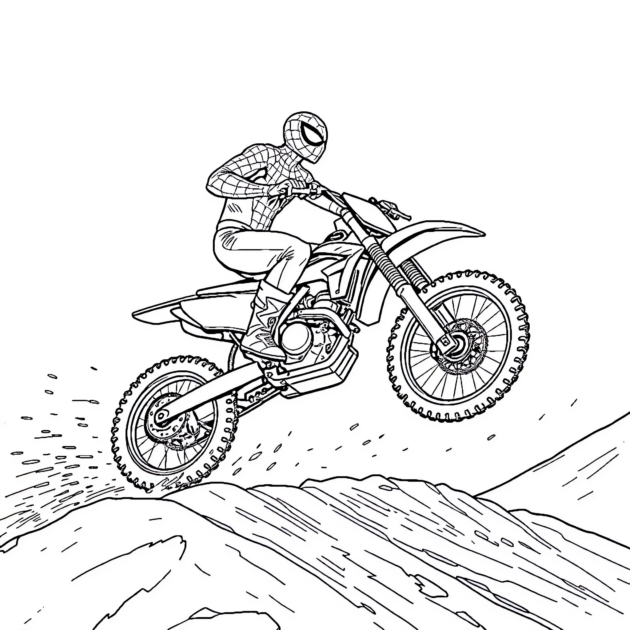 Spiderman races on a dirt bike through the wilderness Coloring Page (free black-and-white line drawing printable PDF for all, from beginners to advanced learners, including children, teens, adults, and seniors)
