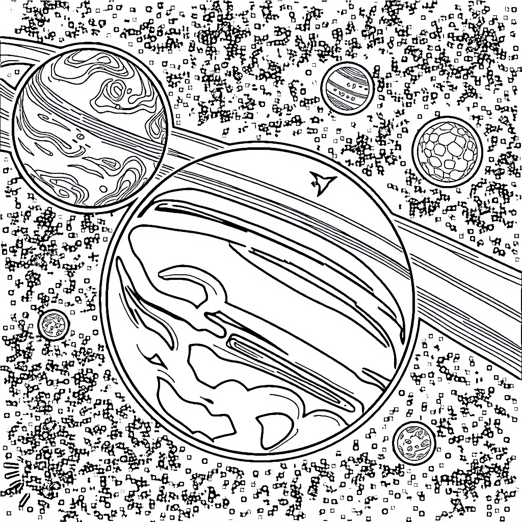 Planet Exploration in the Cosmic Expanse Coloring Page (free black-and-white line drawing printable PDF for all, from beginners to advanced learners, including children, teens, adults, and seniors)