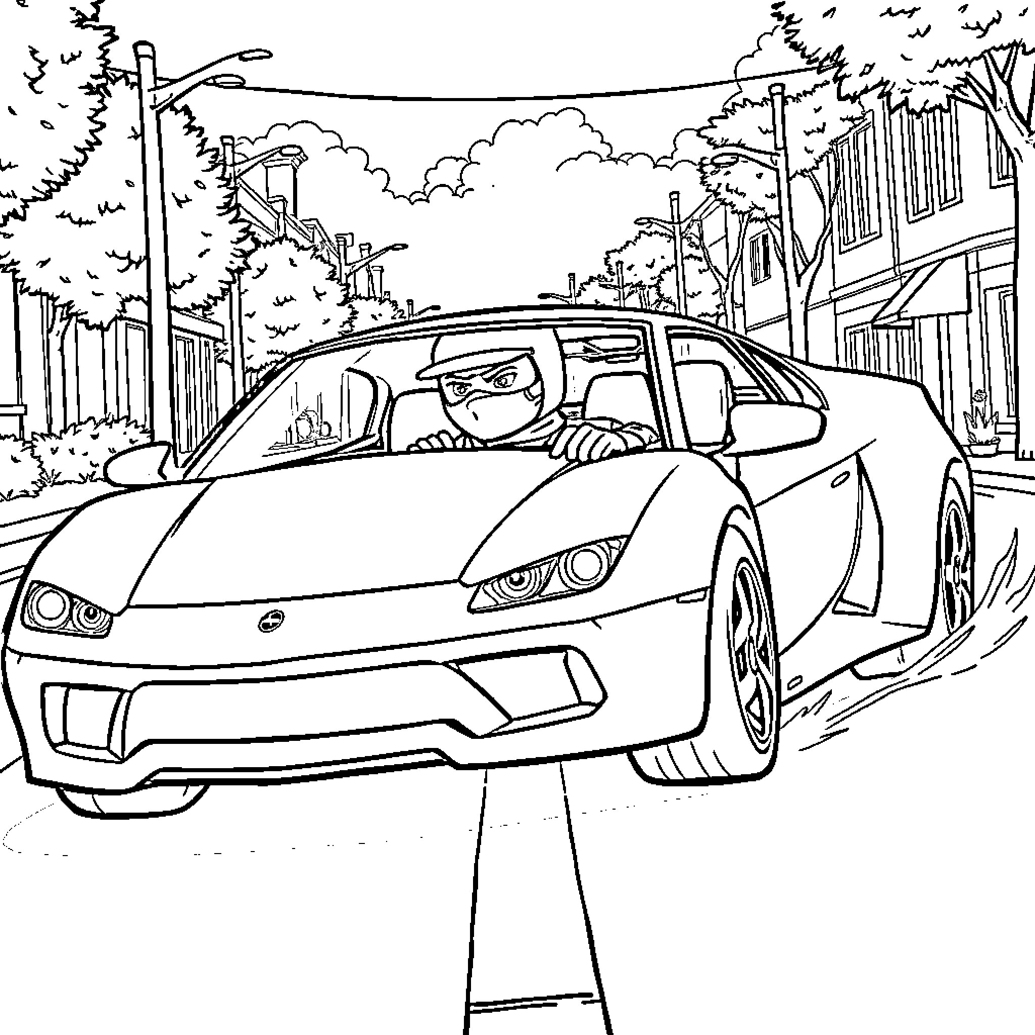Ninja car speeding through the city streets Coloring Page (free black-and-white line drawing printable PDF for all, from beginners to advanced learners, including children, teens, adults, and seniors)