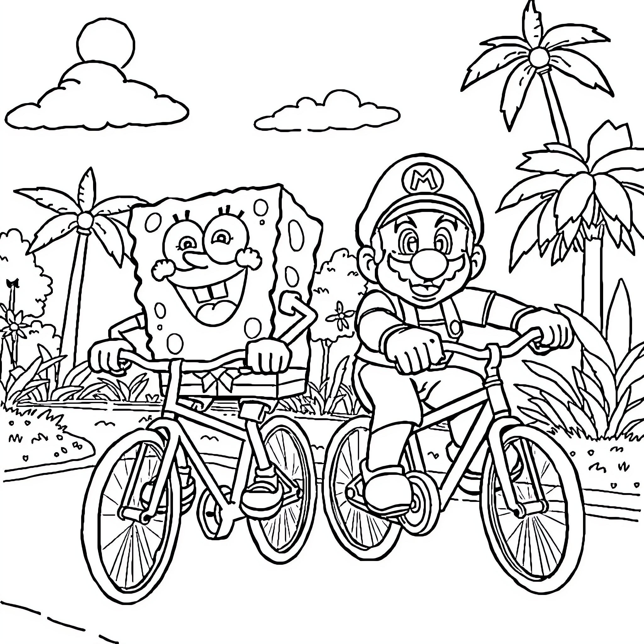 Spongebob and Mario bike ride through tropical scenery Coloring Page (free black-and-white line drawing printable PDF for all, from beginners to advanced learners, including children, teens, adults, and seniors)