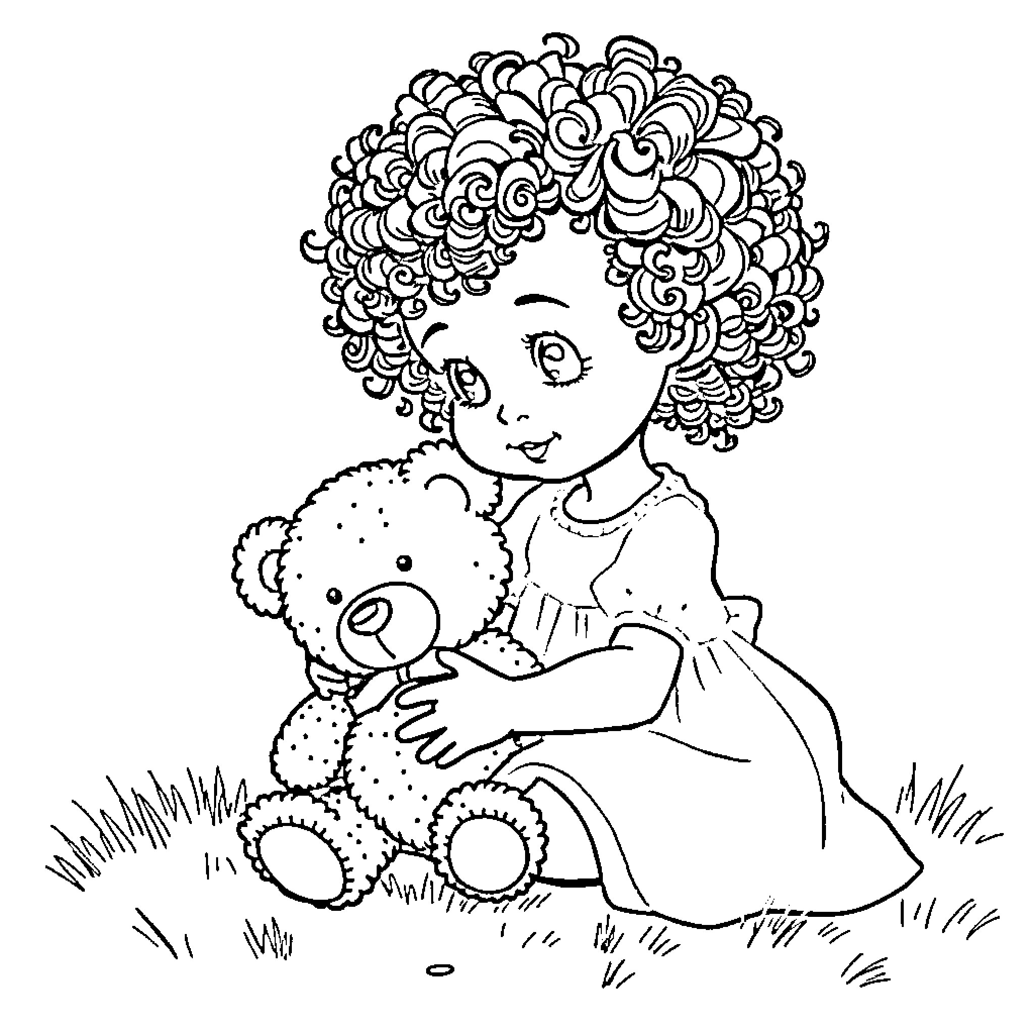 Girl cuddling a teddy bear in a field Coloring Page (free black-and-white line drawing printable PDF for all, from beginners to advanced learners, including children, teens, adults, and seniors)