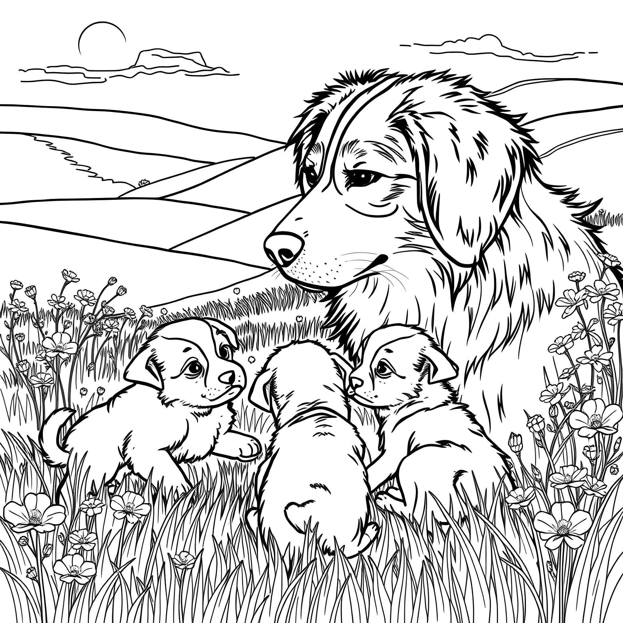 Dog with puppies in a meadow Coloring Page (free black-and-white line drawing printable PDF for all, from beginners to advanced learners, including children, teens, adults, and seniors)